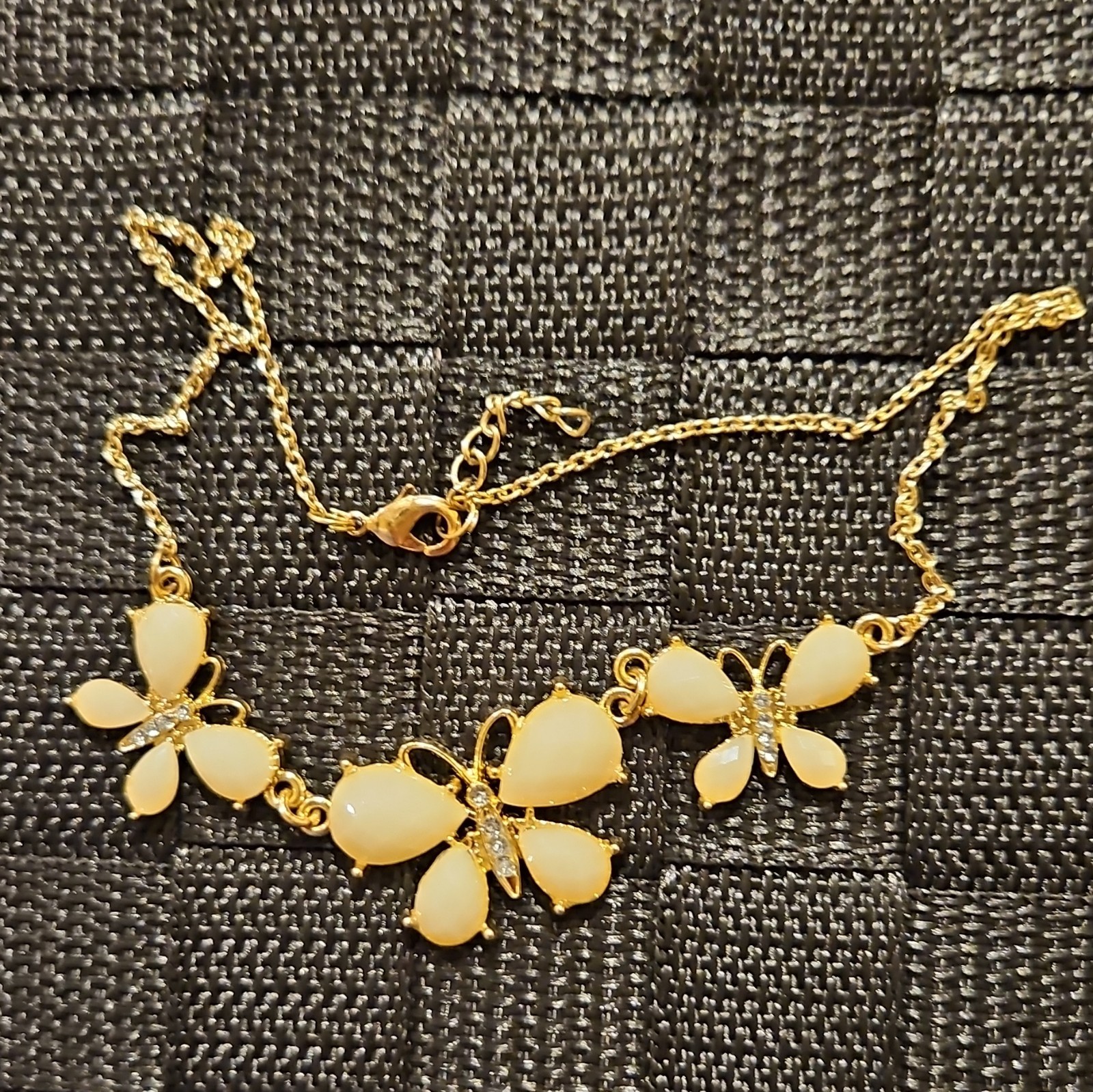 Gold Tone Butterfly Charm Pendant Necklace White Rhinestones, Lobster Clasp