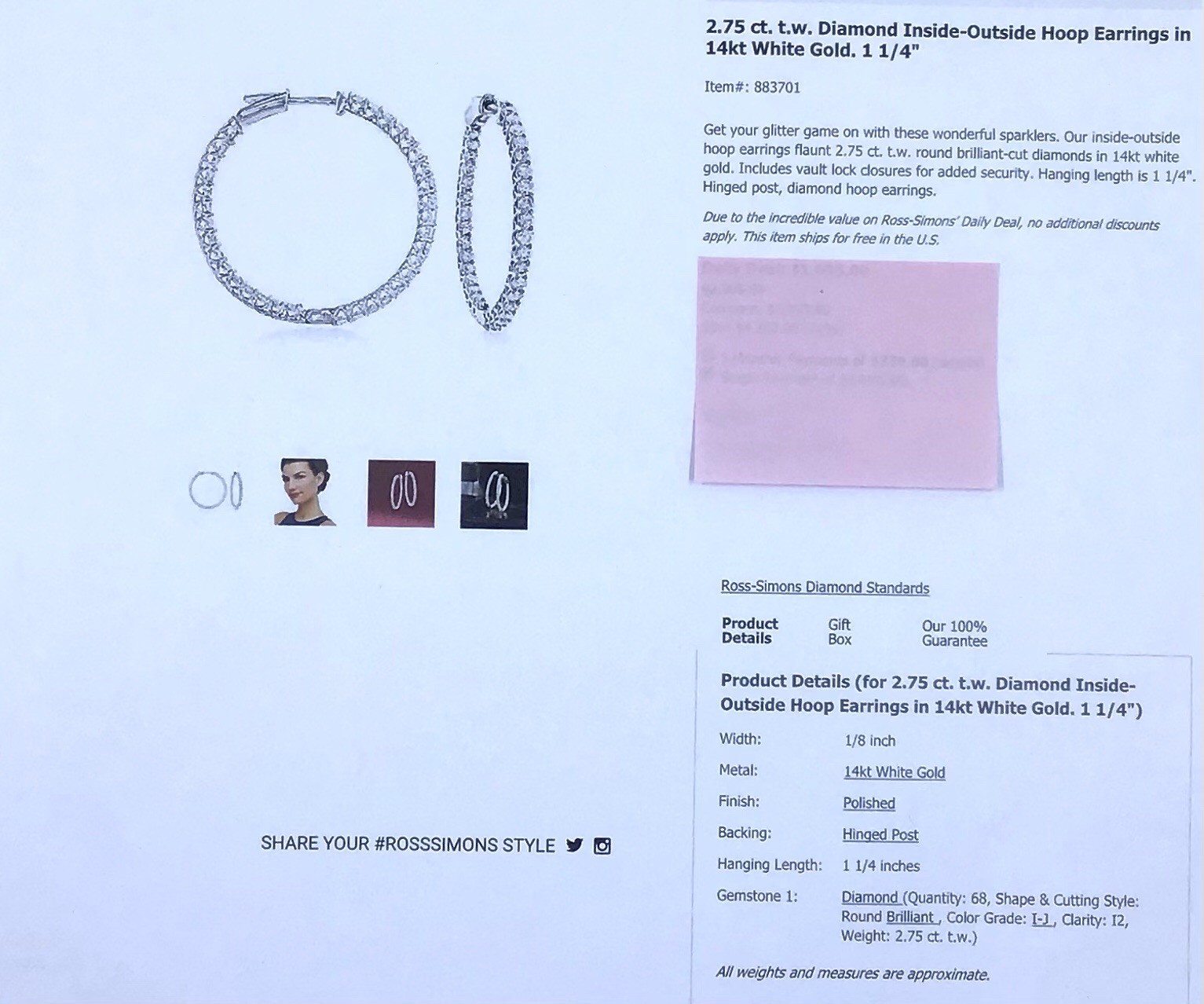 14K WG 2.75ct Inside Outside Diamond Hoop Earrings