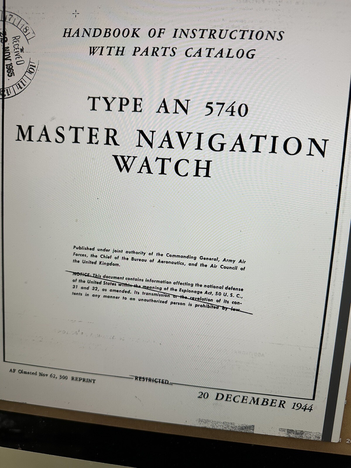 Waltham staff for WW2 AN 5740 Navigation watch new