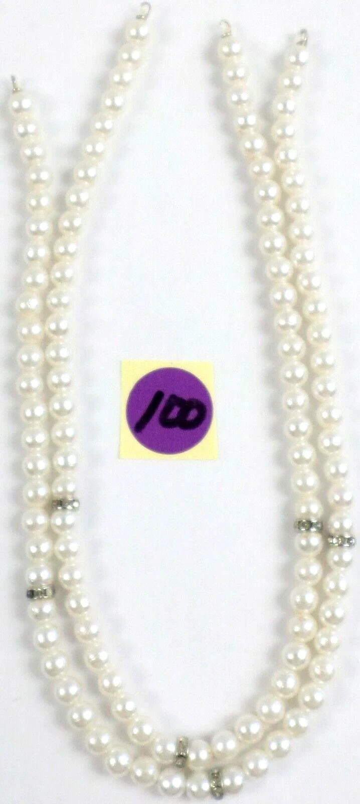 2 -Vintage 13.25″ White 6mm Acrylic Pearls 122 Bead Strand Rhinestone Hooks End
