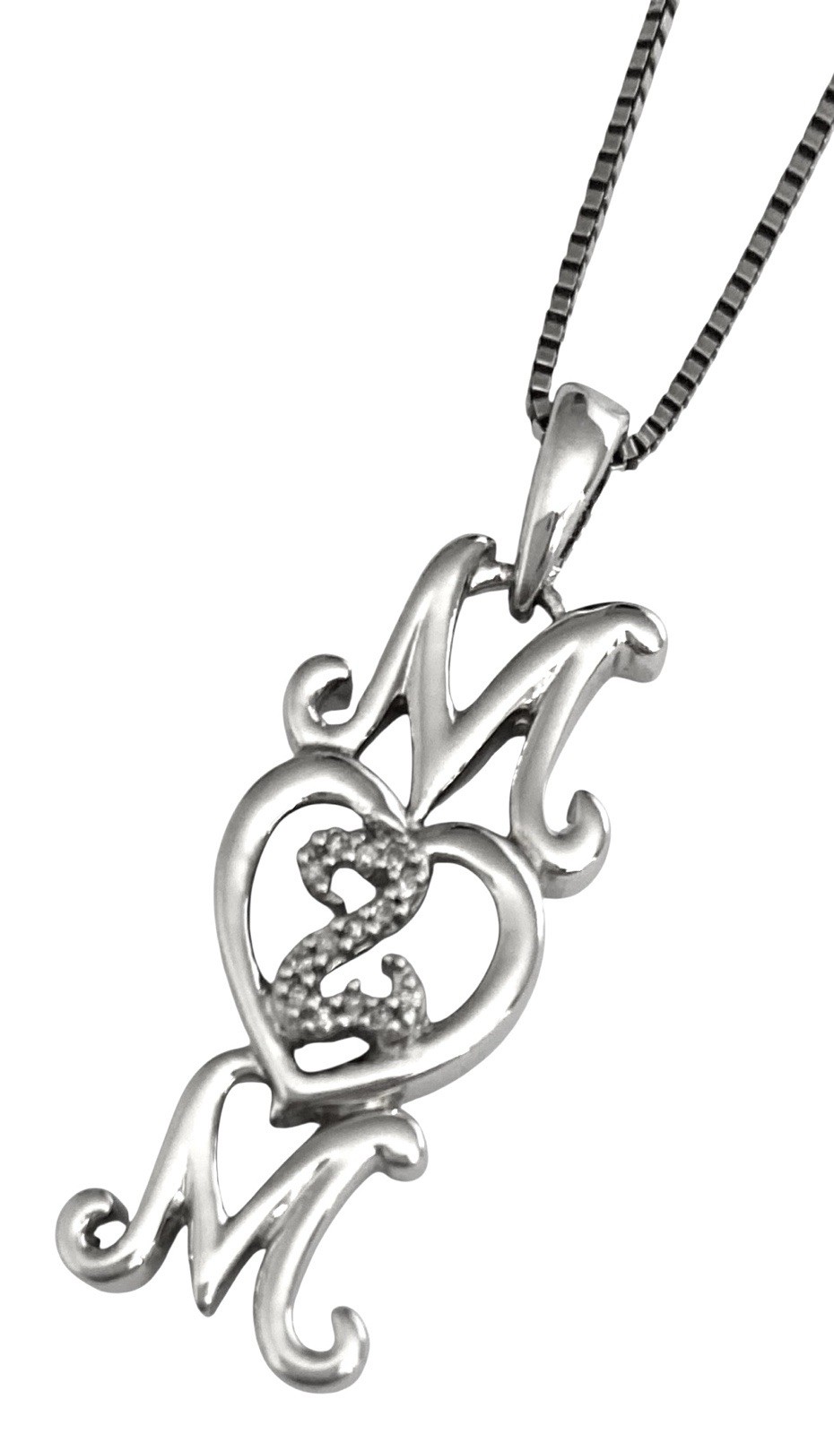 JANE SEYMOUR Sterling Silver DIAMOND OPEN HEART MOM Pendant & Box Chain Necklace