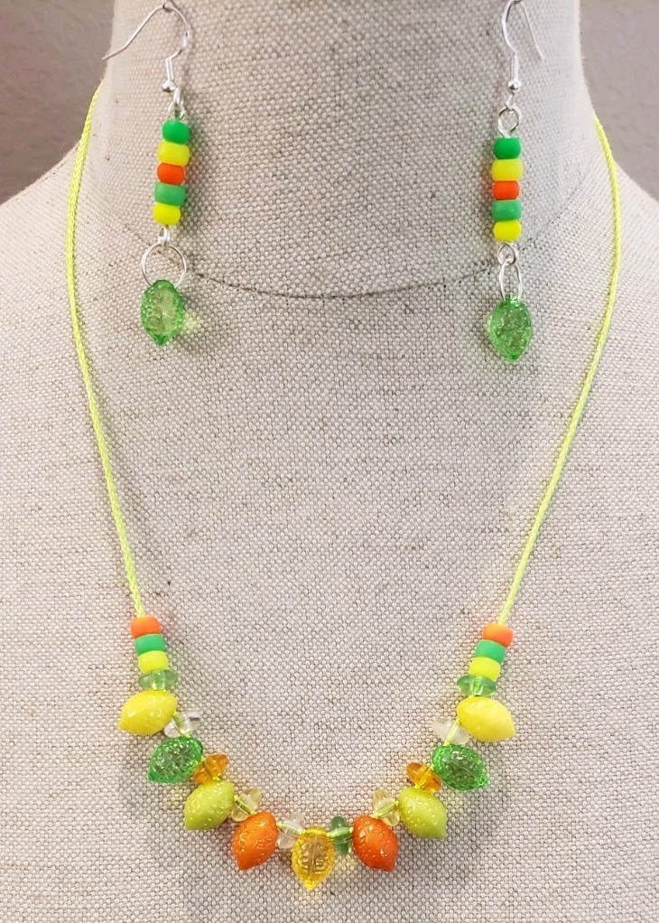 Handmade Citrus Fruit Glass Bead Necklace & Earrings Set Lime Green Cord 21-24″