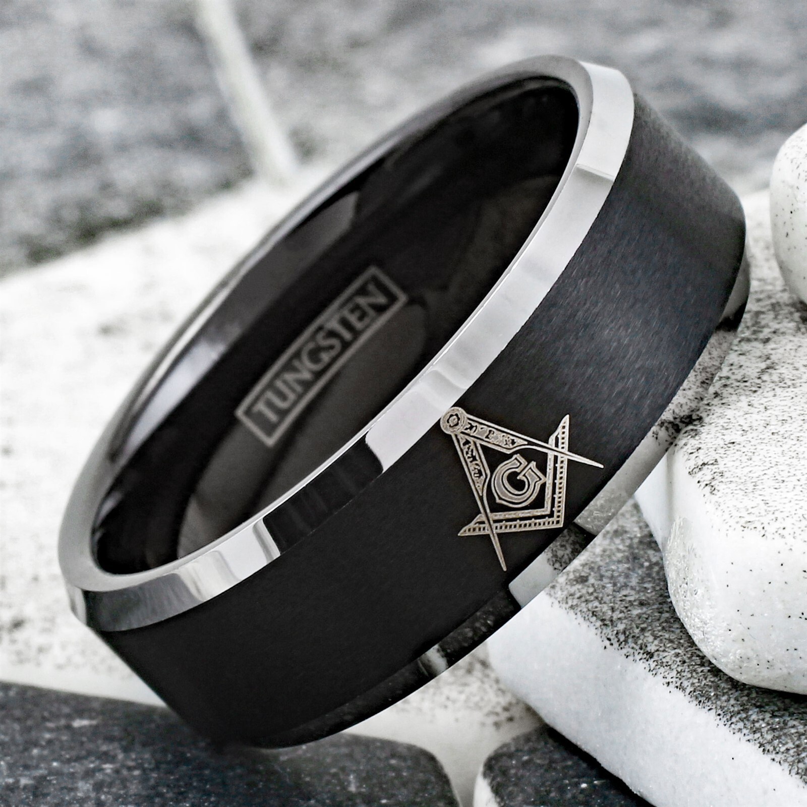 Tungsten Men’s Black Masonic Symbol Freemason’s Knight-Templar Wedding Band Ring