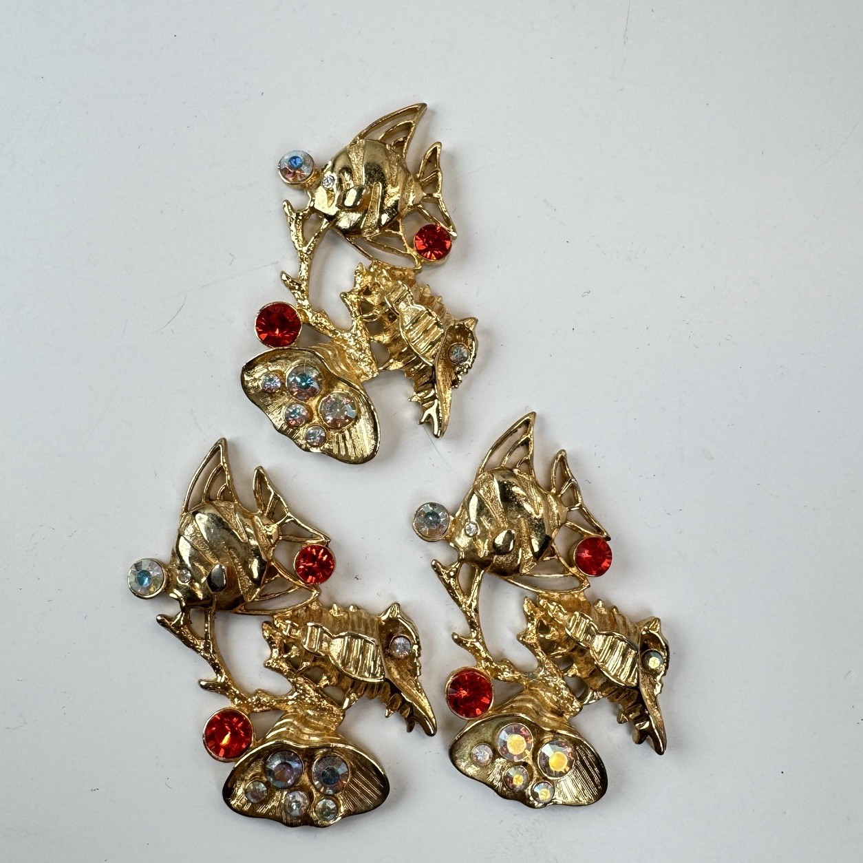 Lot Of 6 VTG Gold Tone Rhinestone Fish Shell Findings Brooch Jewelry Making