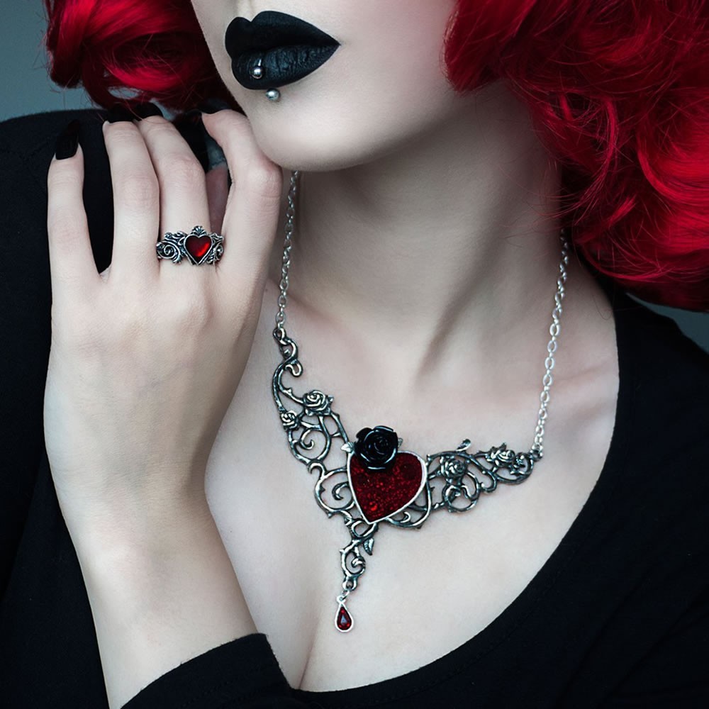 Alchemy Gothic Betrothal Romantic Ring Red Heart Ornate Scrolled Pewter R134 NWT