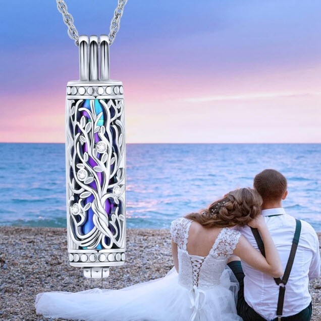 Tree of Life Cylinder Urn Pendant Necklace for Cremation Ashes Memorial Jewelry