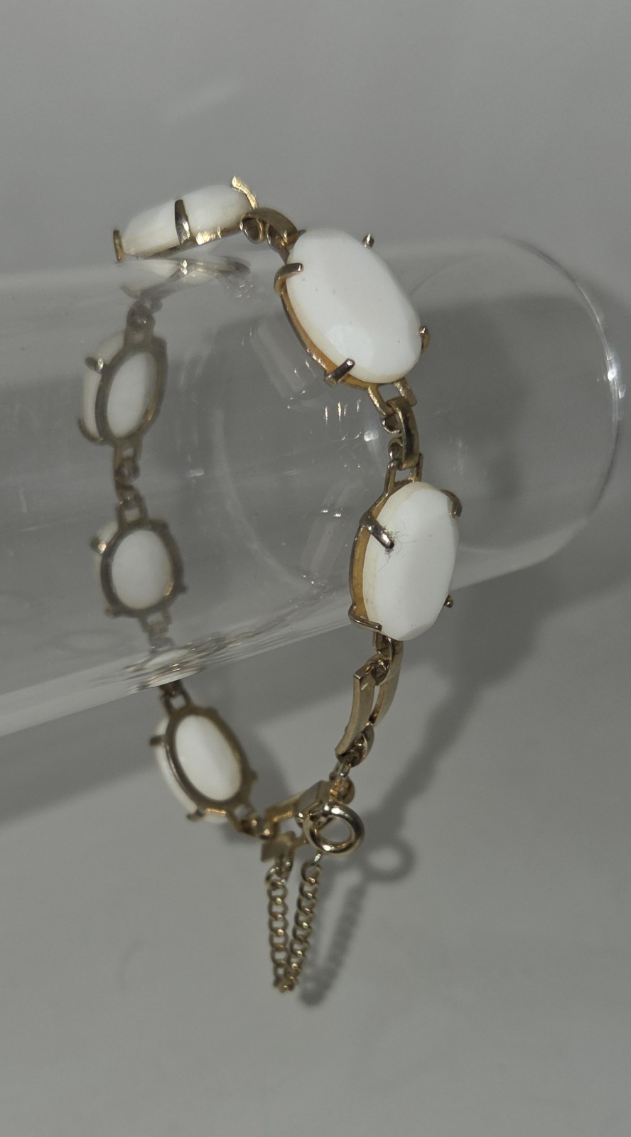 Vintage White Milk Glass Faceted Cabochon Bracelet Gold Tone with Safety Chain