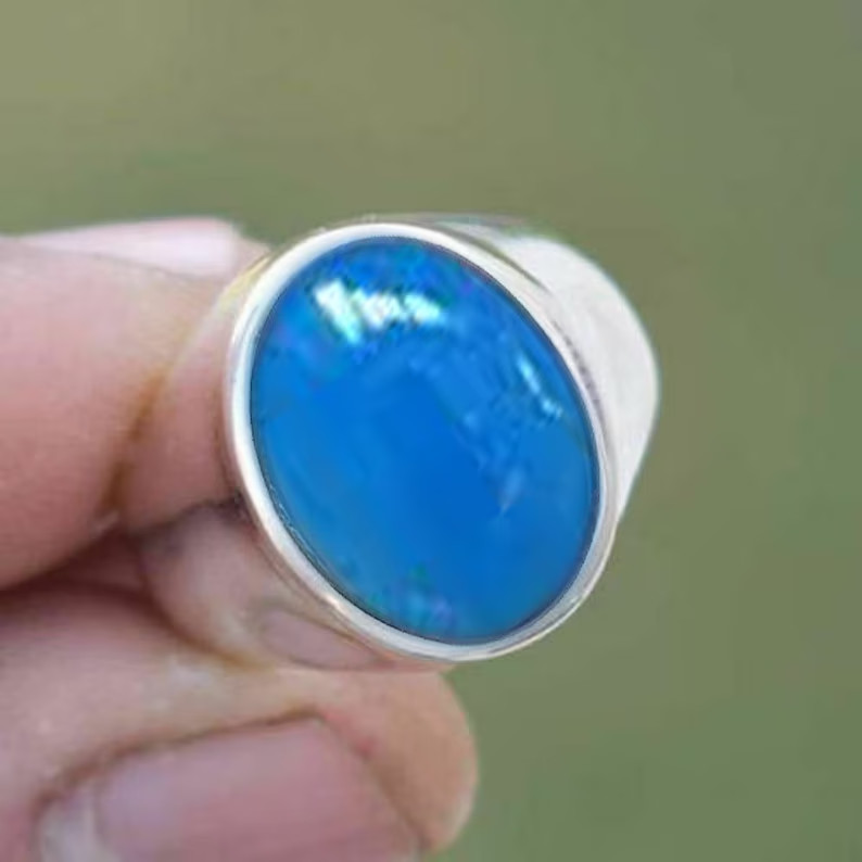 Solid 925 Sterling Silver AA Natural Blue Chalcedony Gemstone Men’s Unisex Ring
