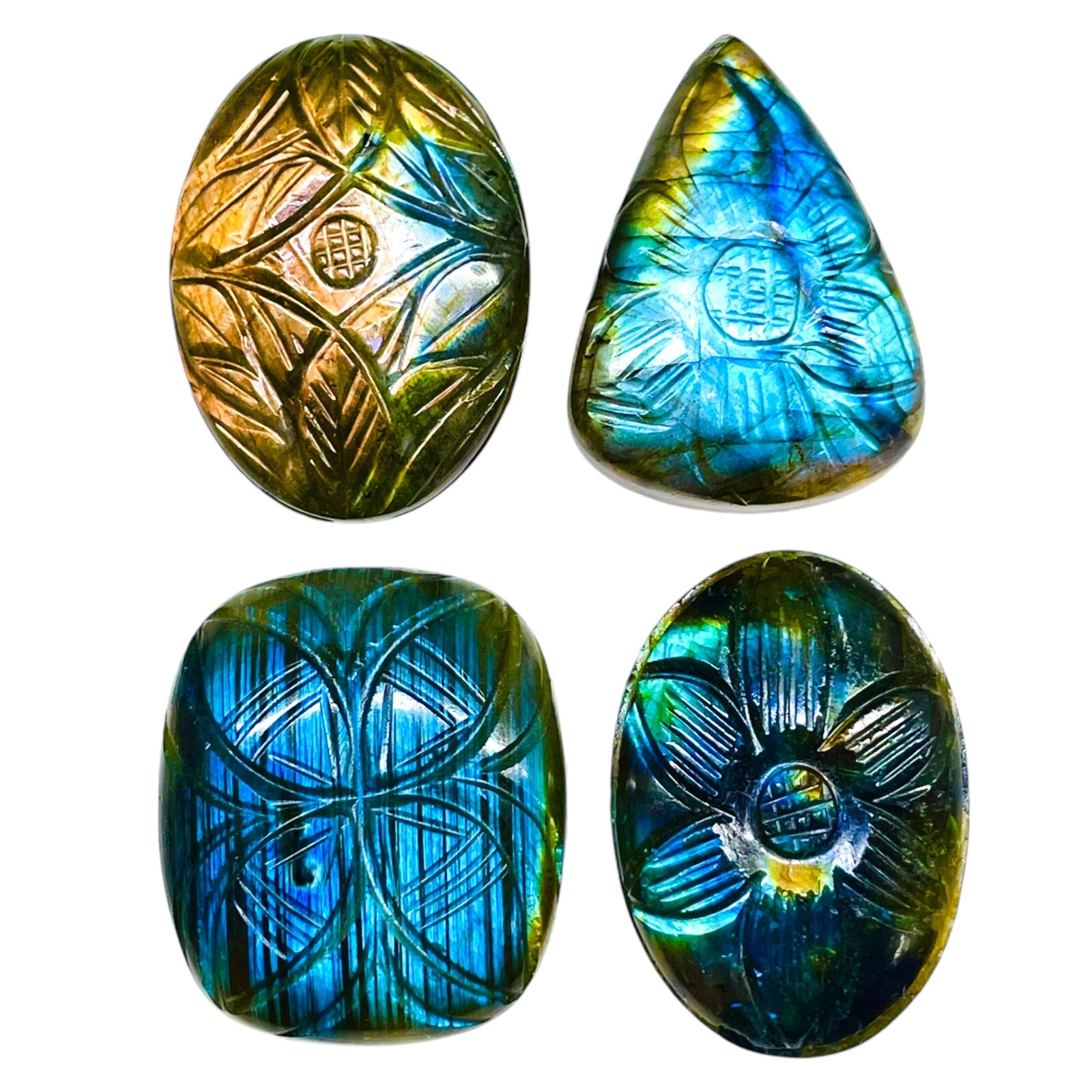 4 Pcs Natural Carved Labradorite 32-34mm Huge Pendant Size Loose Gemstones Lot