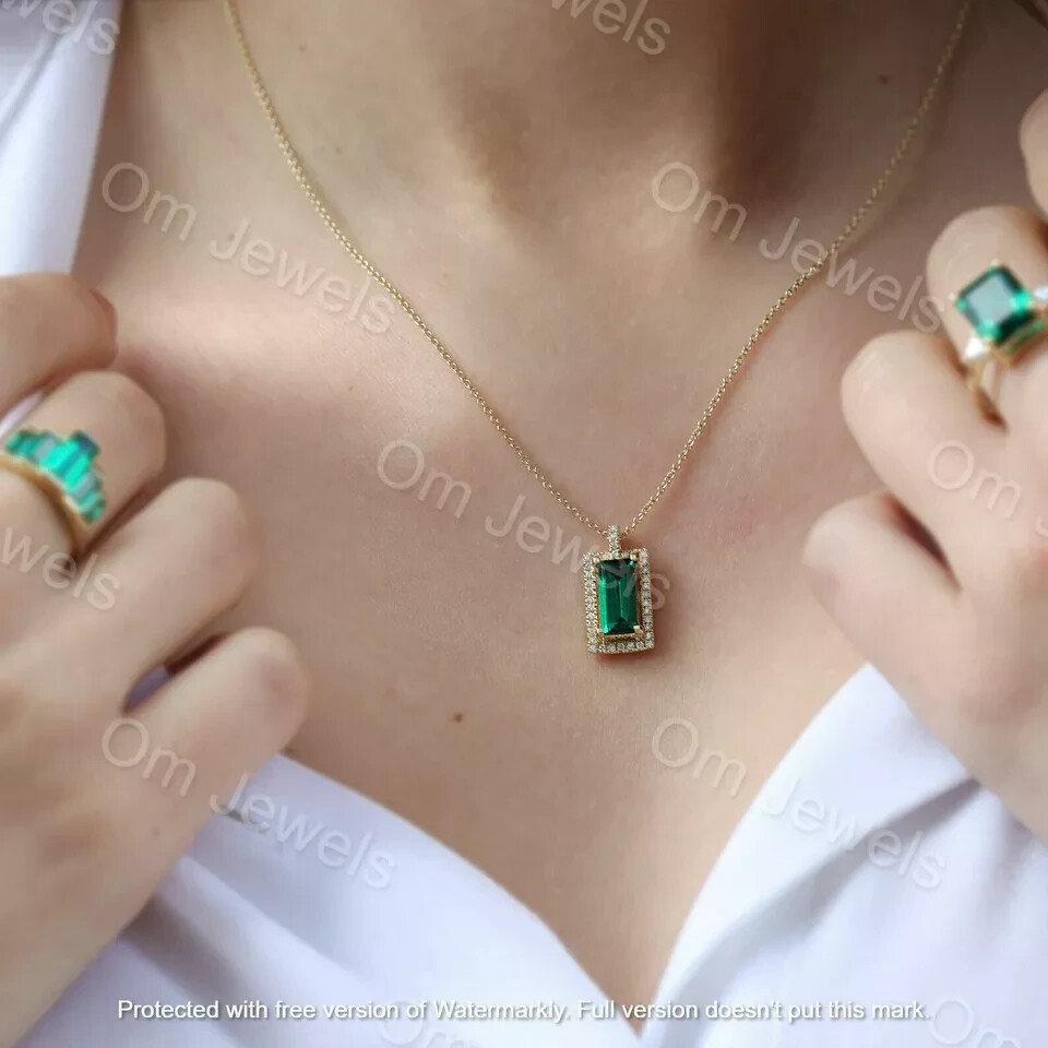 3.20Ct Emerald Cut Green Emerald Halo Pendant 14K Yellow Gold Finish 18″ Chain