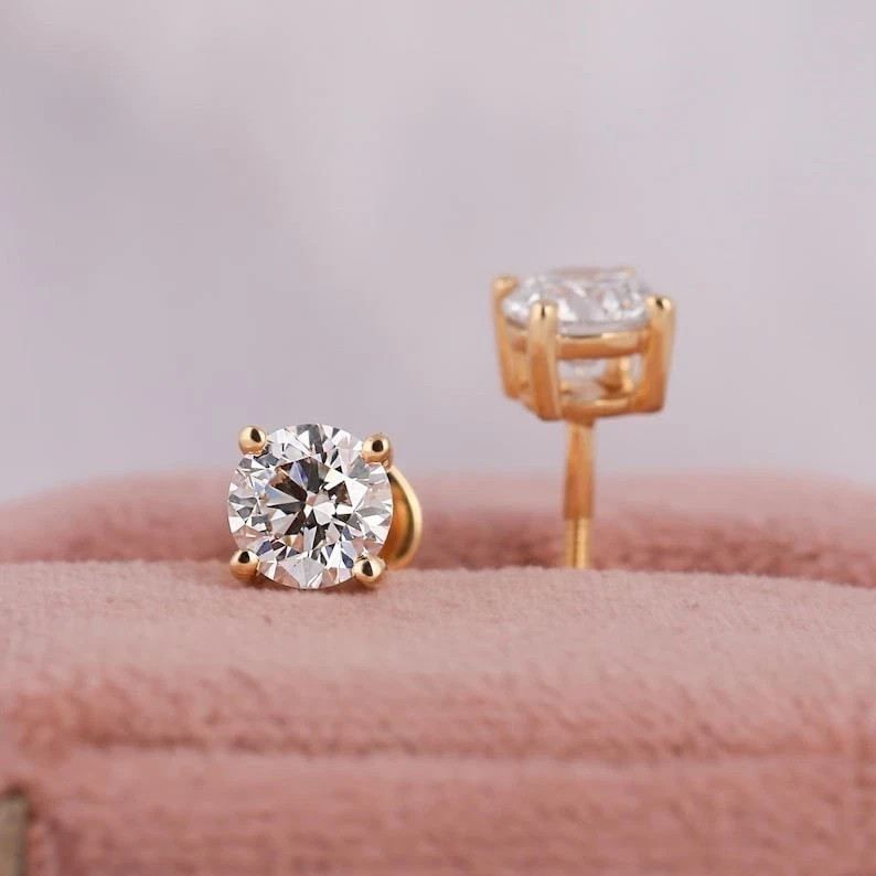 6mm Round Real VVS1 Moissanite 14K Yellow Gold Plated Stud Solitaire Earrings