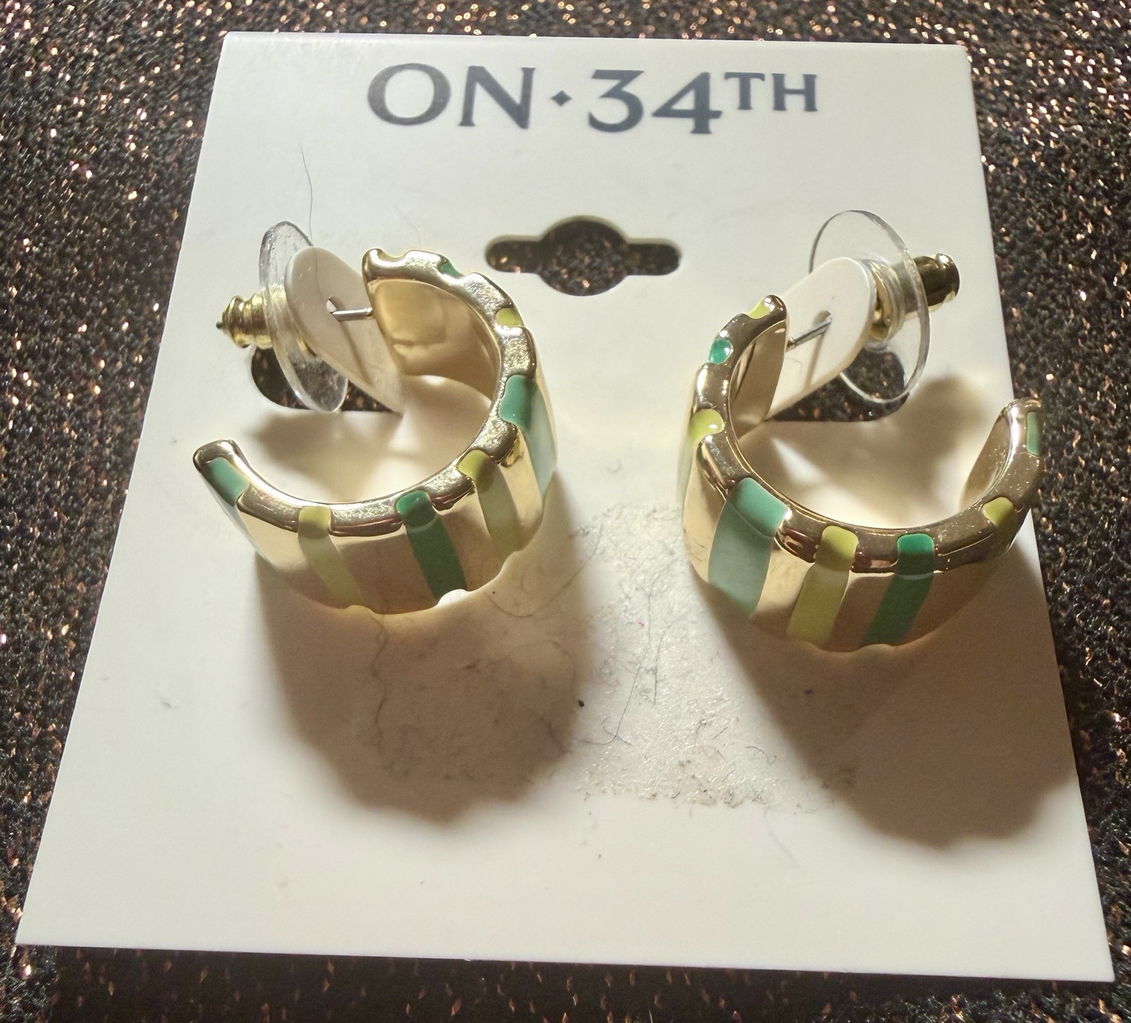 On 34th Brand Variable Green & Gold Open Hoop Pierced Earrings NWT