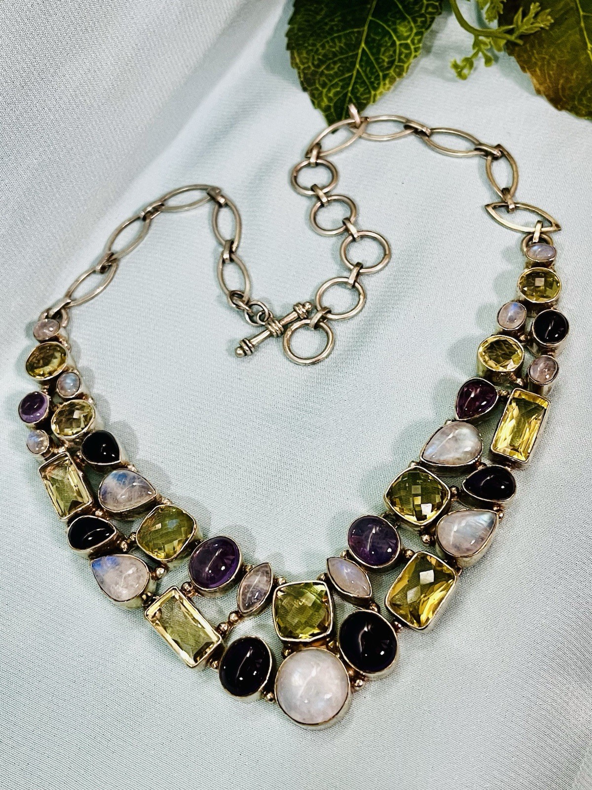 Sterling Silver Multi-gem Moonstone Tourmaline Amethyst Necklace Healing 96 Gram