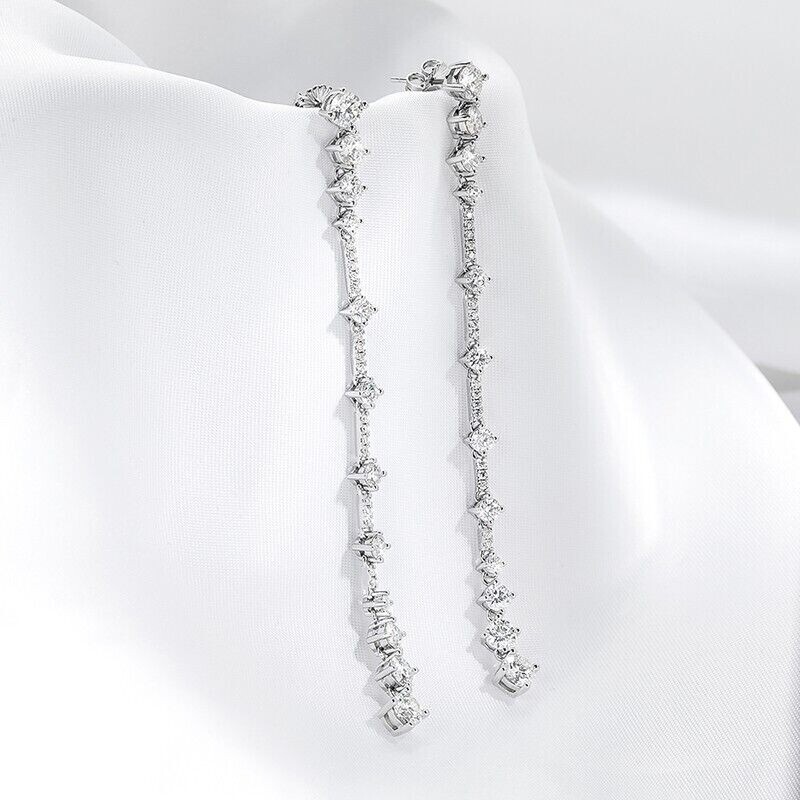 Gorgeous 2″ Long Drop Earring Round Cut Simulated Diamond 14K White Gold Plated