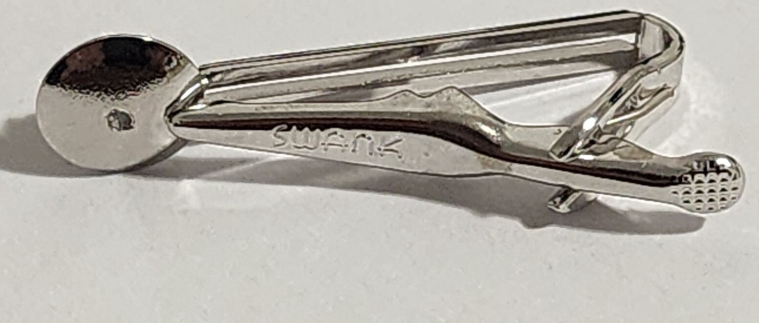 Vintage SWANK Tie Bar CLIP CLASP STAY Silver Tone Unique Setting w/ Gray Stone