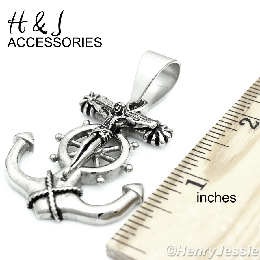 24″MEN Stainless Steel 6mm Silver Box Link Chain Anchor JESUS Cross Pendant*P58