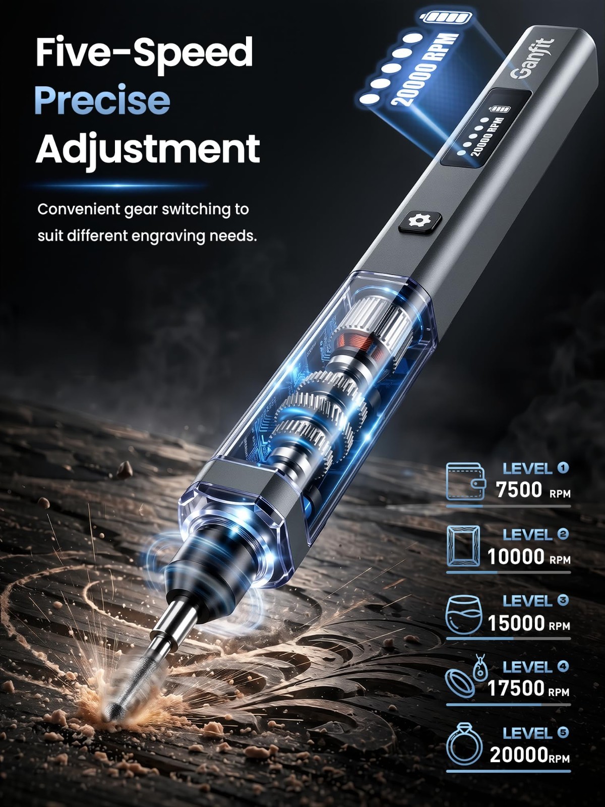 Cordless Engraving Pen for Metal, Wood, Glass & Plastic – 5-Speed Tool, LED Ligh
