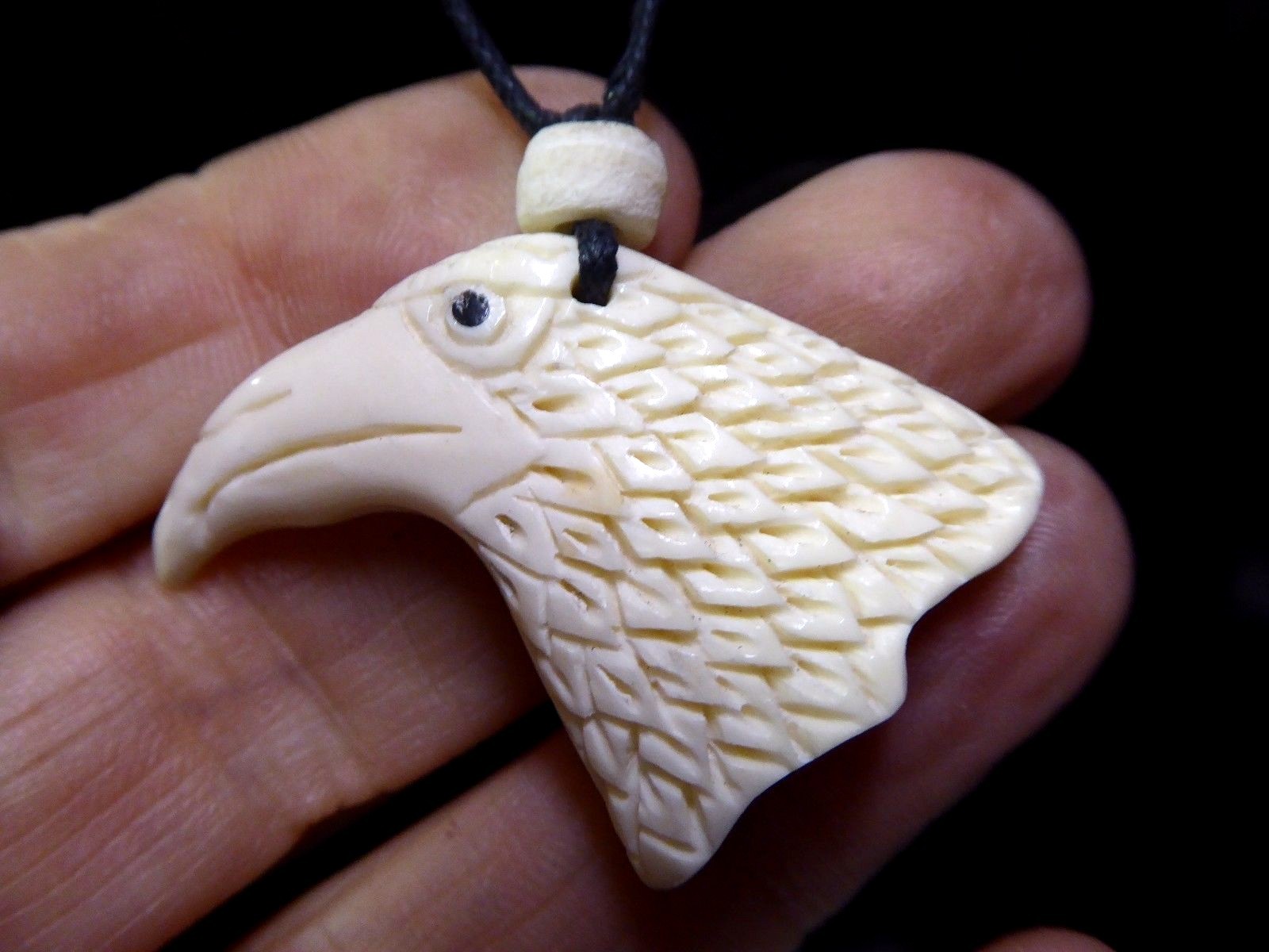 Eagle Bird Head Hand Carved Water Buffalo Bone Pendant With Cord Necklace