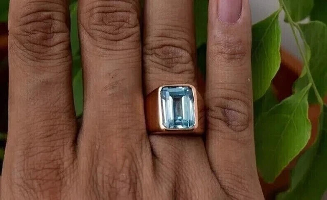 4CT Emerald Cut Aquamarine Men’s Wedding Ring 14K Rose Gold Finish