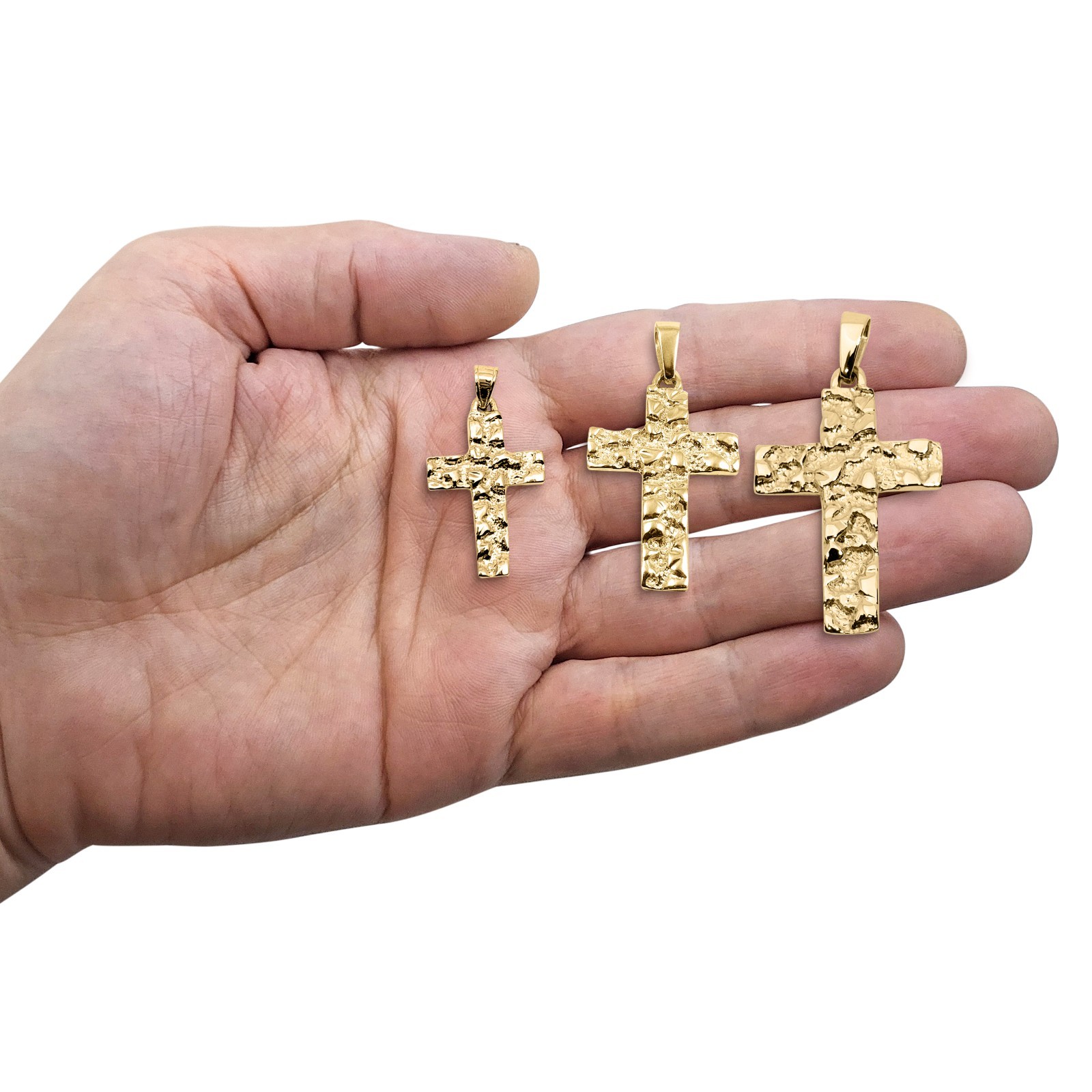 Real 18K Yellow Gold Nugget Cross Handcarved Mens Gold Cross Pendant All Sizes
