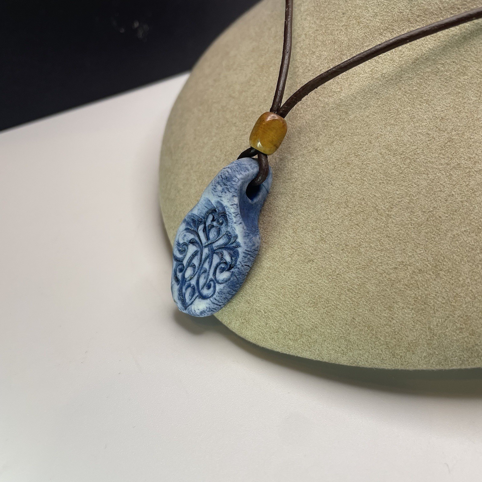 Vtg Handmade Ceramic Charm Leather Cord Necklace Stone Bead Scroll Print 24”