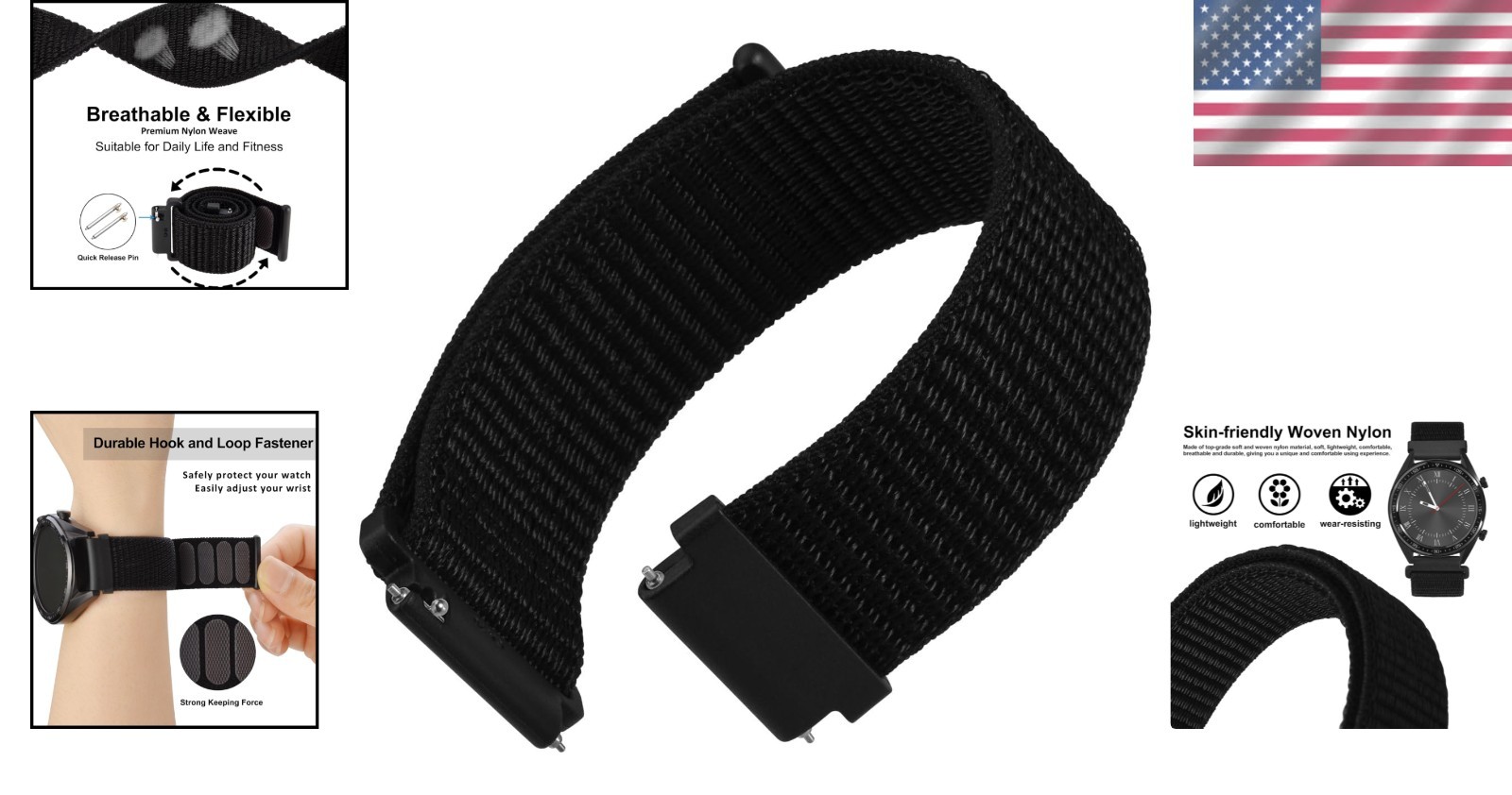 20mm Adjustable Nylon Watch Band – Quick Release Sport Loop Strap in Black
