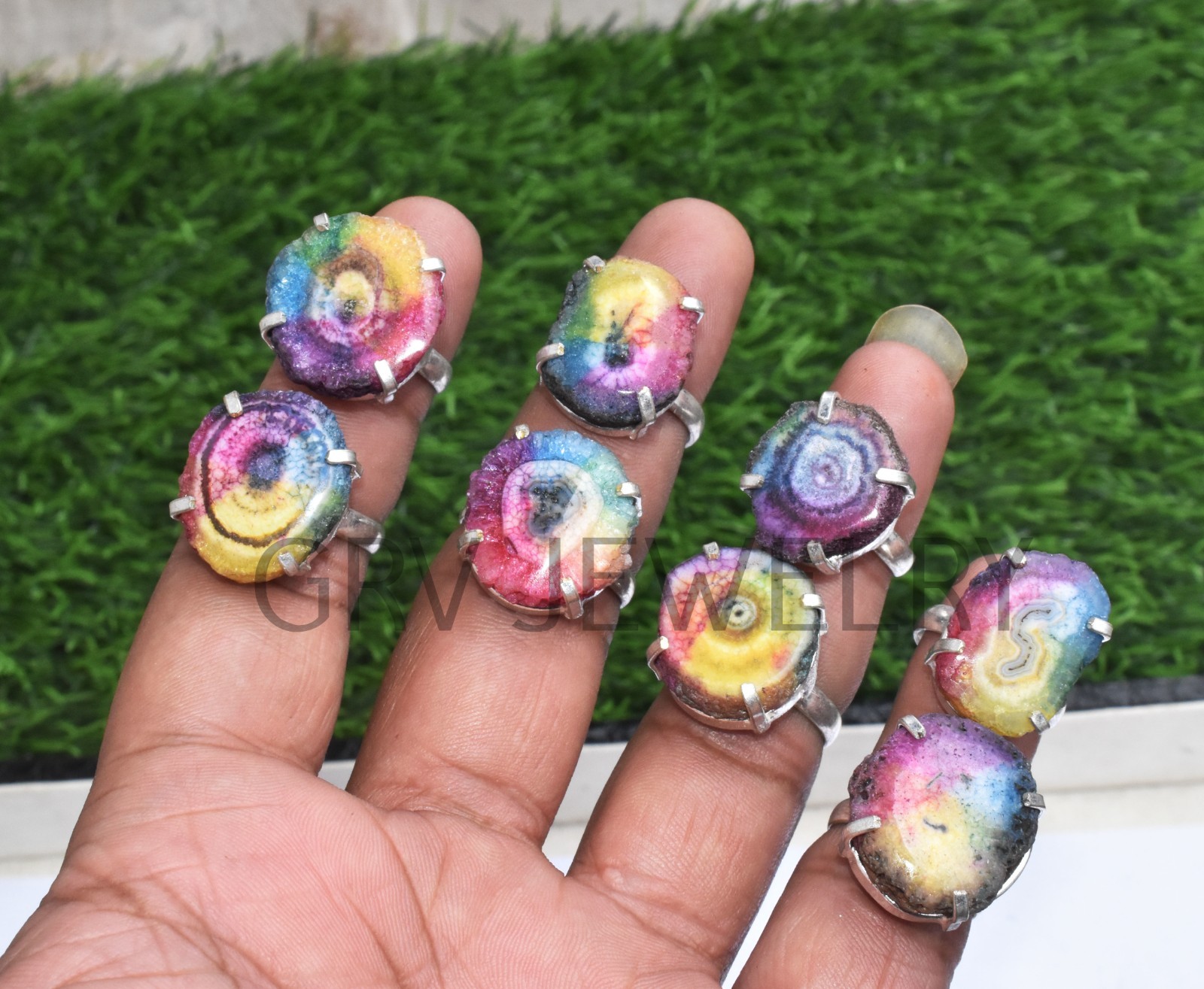 1-500 Pcs Natural Rainbow Solar Quartz In Rings Lot Bulk: Silver Plated Whr-70