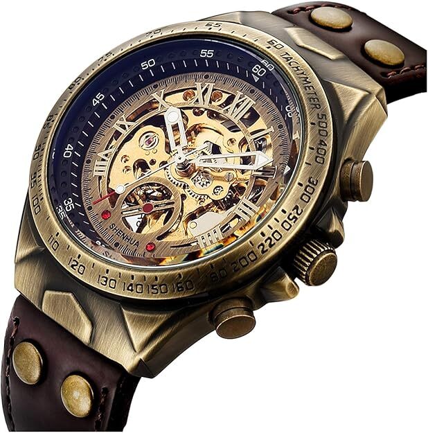 Luxury Men’s Automatic Mechanical Wrist Watch Leather Strap Retro Skeleton Dial