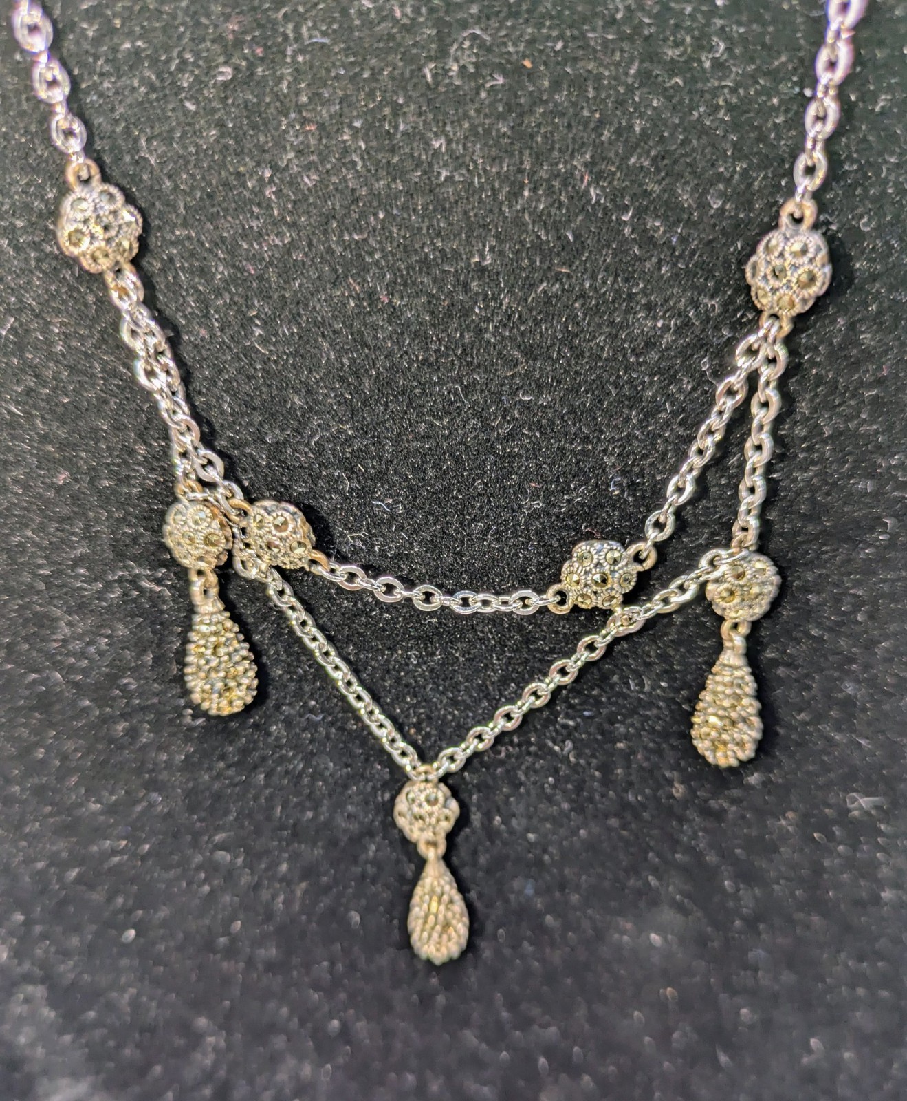 Vintage .925 Sterling Silver Marcasite Drop Chandelier Necklace Art Deco Style