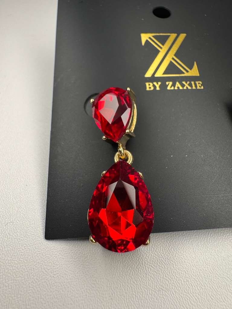 Z by Zaxie Red Crystal Teardrop Dangle Earrings Gold Tone