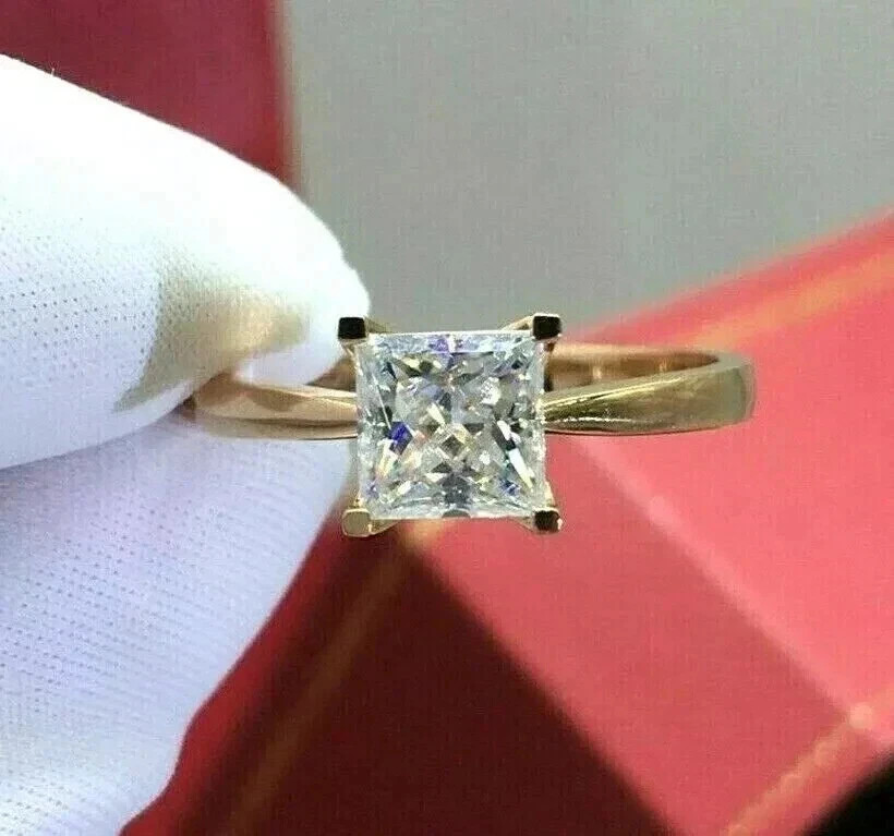 1CT Princess Cut Natural Diamond Solitaire Wedding Ring 14K Yellow Gold 6 7 8 9