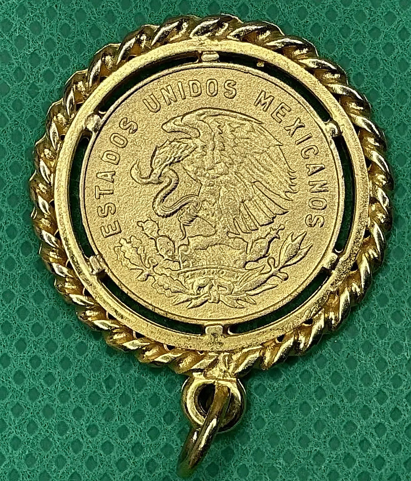 Vintage 1963 Mexico 5 Centavos Josefa Coin Pendant – Gold-Tone Rope Bezel