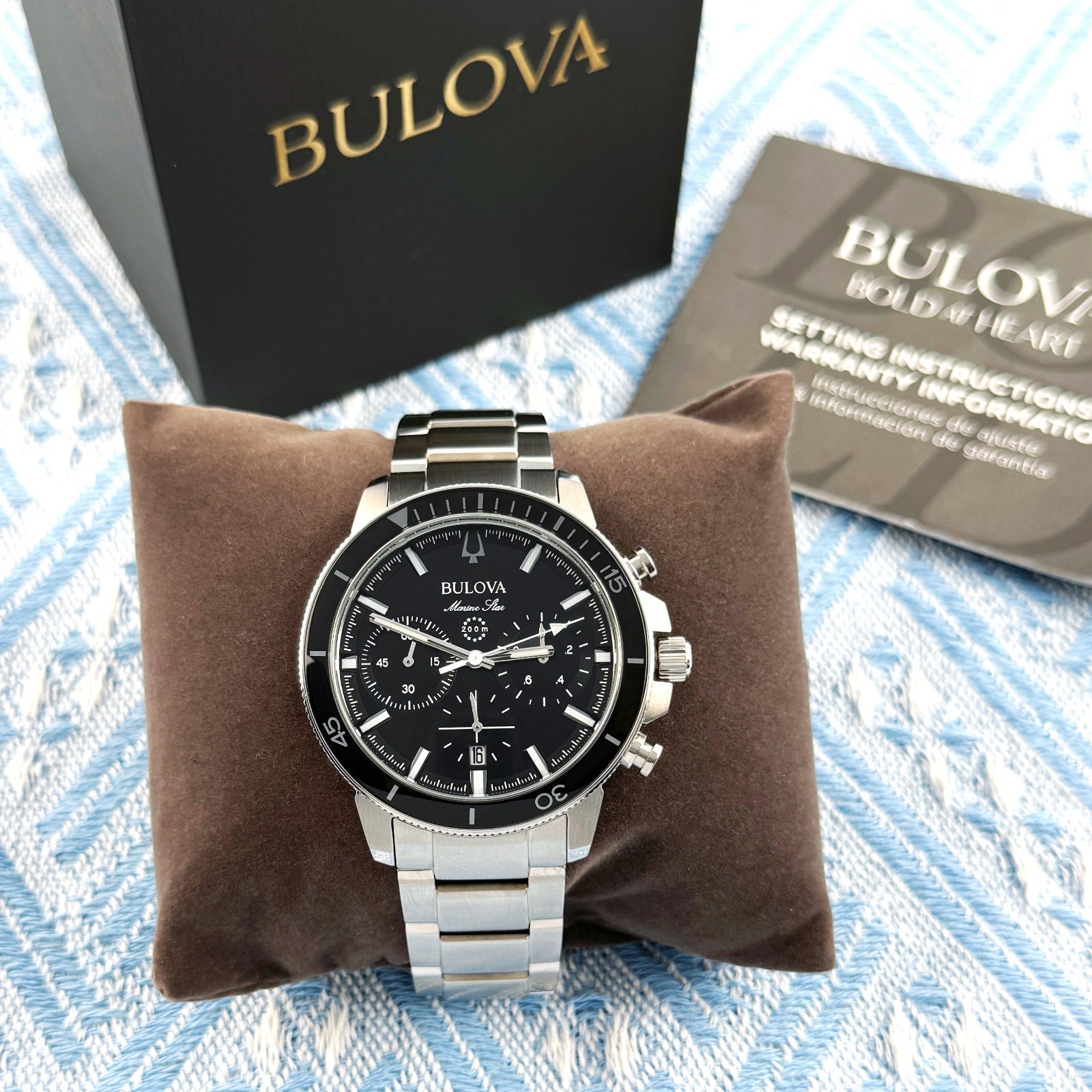 New Bulova Marine Star Chronograph SilverTone Men’s Watch Black Dial 45mm/96B272