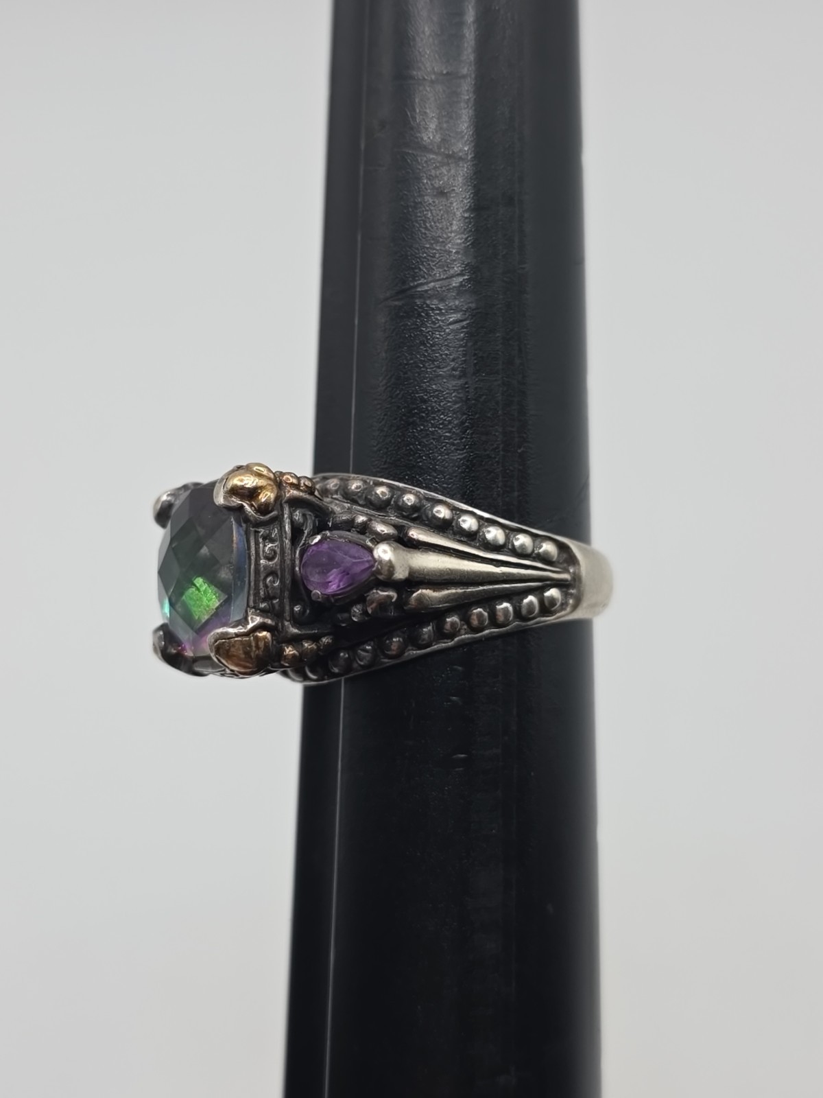 Barbara Bixby Sterling Silver 925 & 18k Mystic Topaz Amethyst Ring Size 9 8.5g