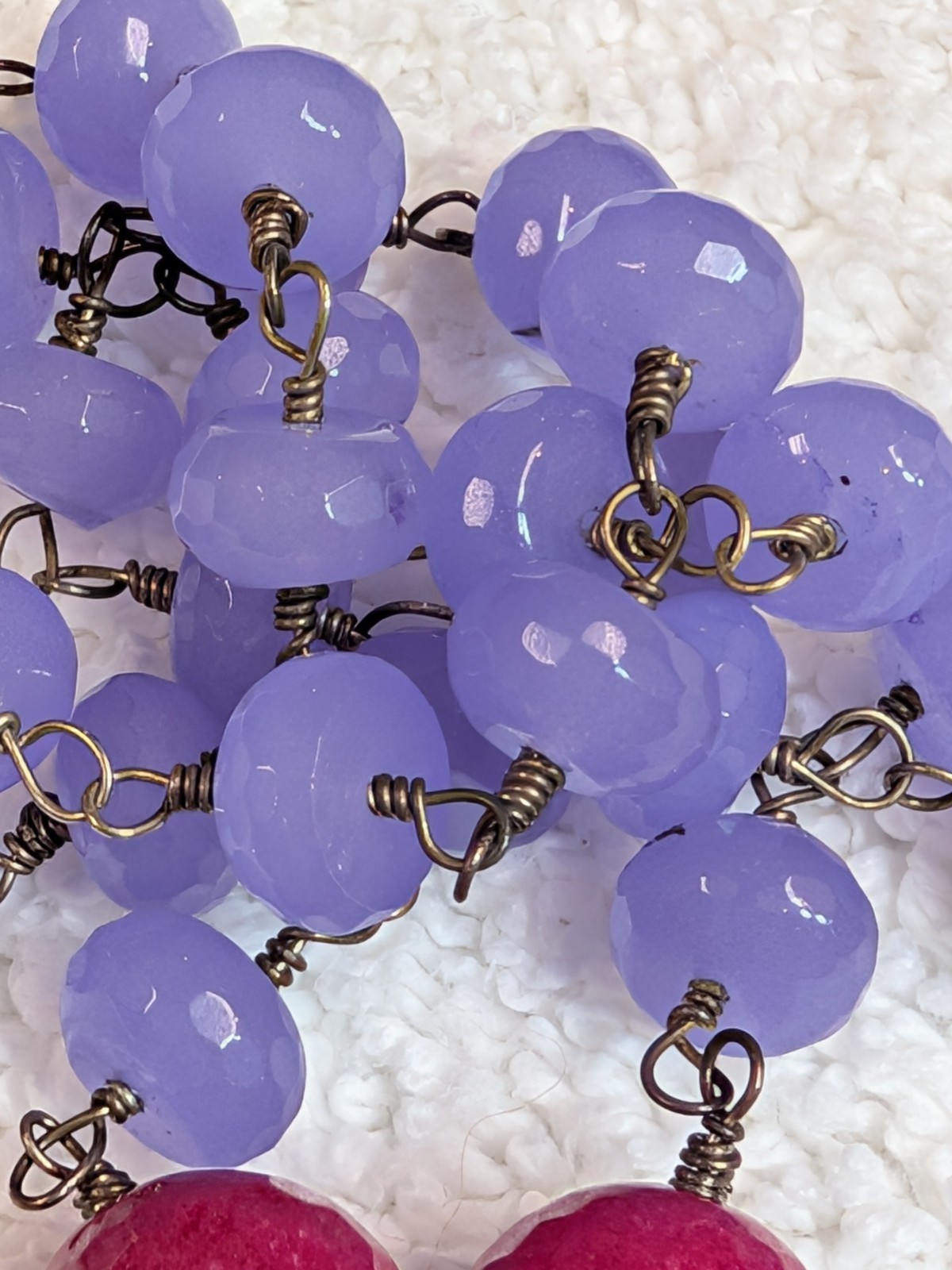 Artisan Sterling Silver Necklace Wire Wrapped Faceted Lavander Chalcedony & Pink