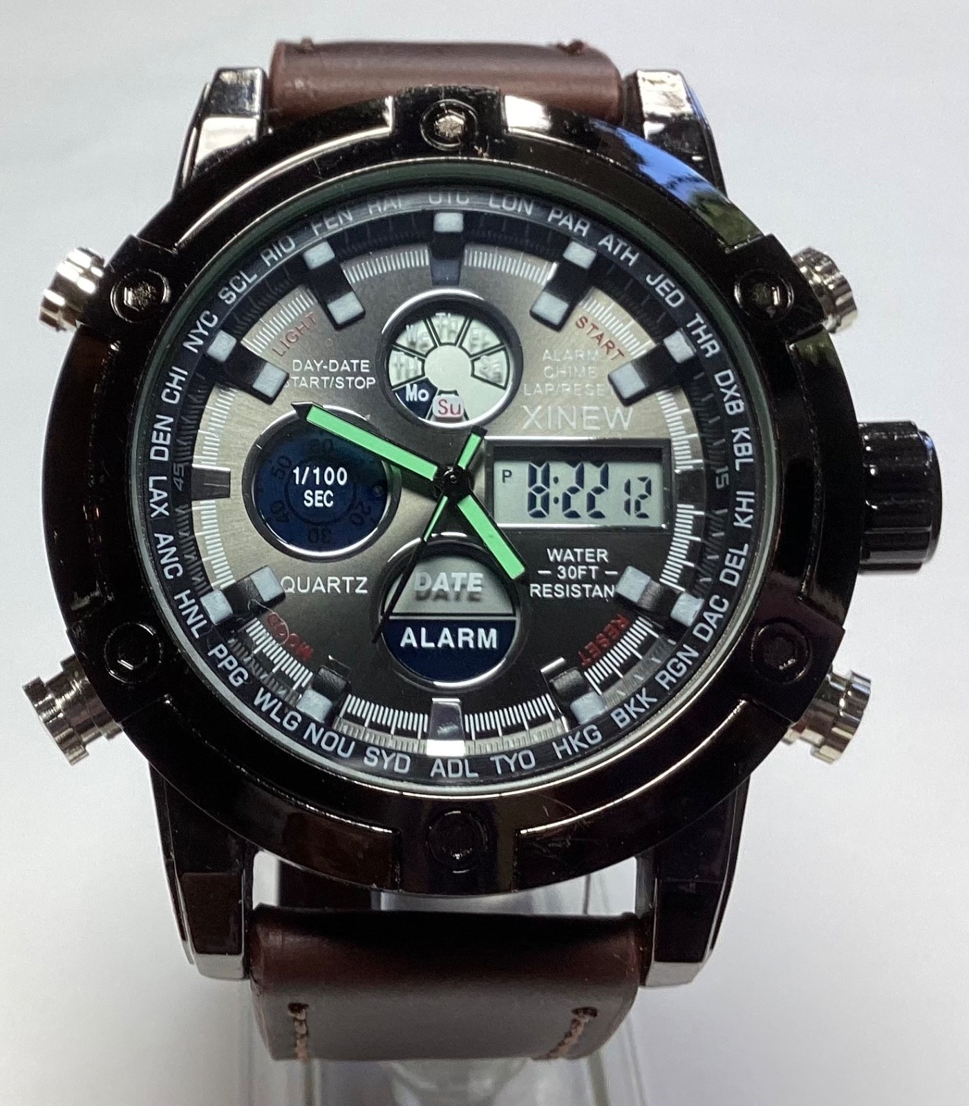 Xinew Mens Watch 50mm Analog Digital Subdials Day Date Alarm WR New Battery 8”
