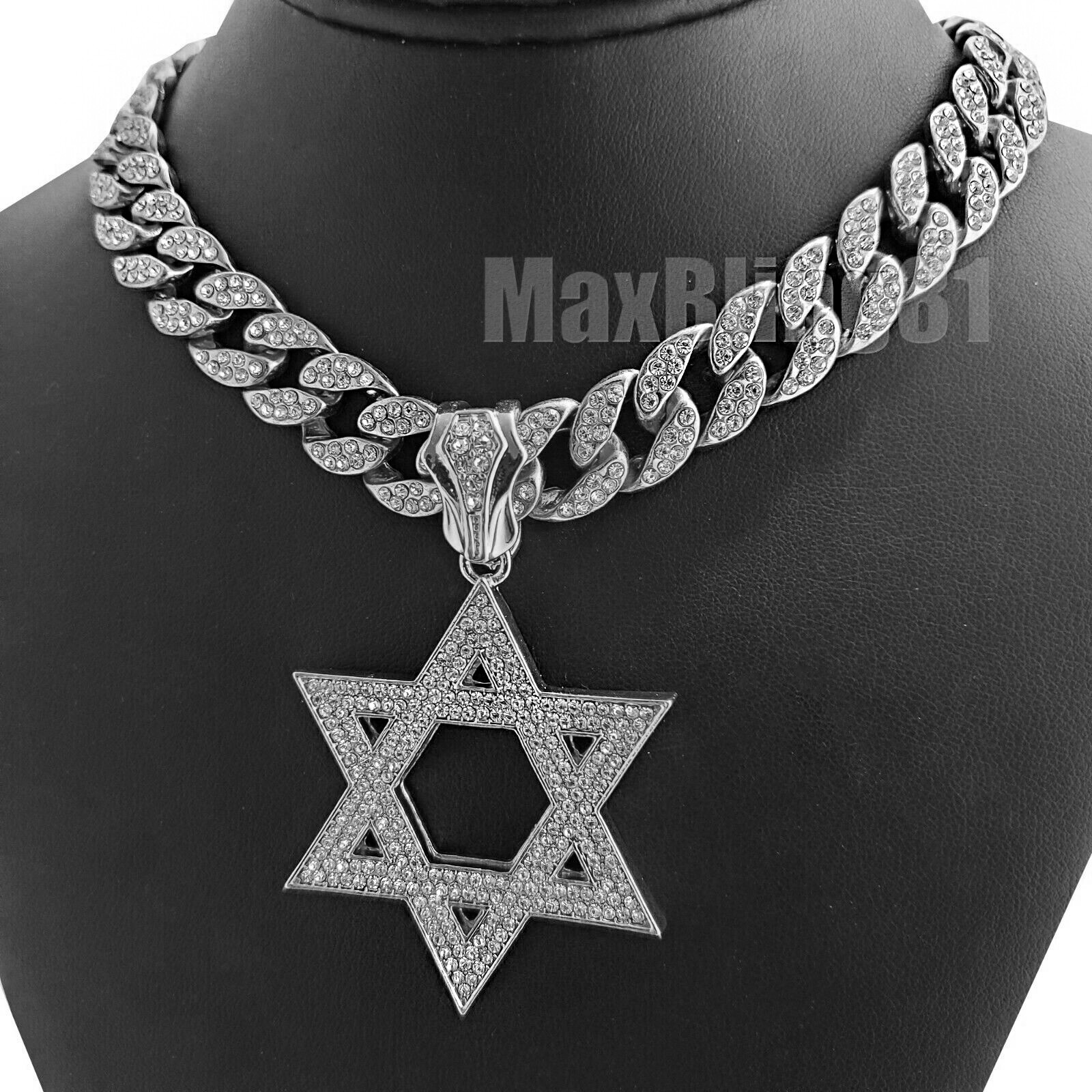 Silver Plated Alloy Cubic Zirconia Star of David Charm Iced Cuban Chain Necklace