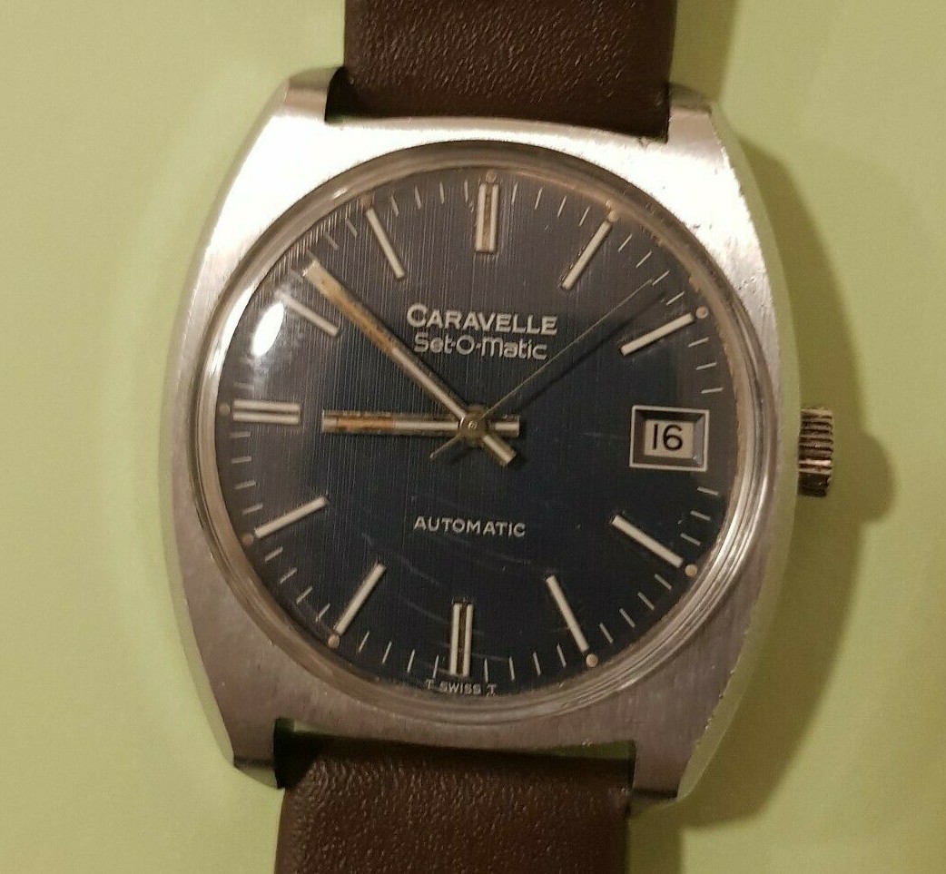 CARAVELLE BY BULOVA SETO-MATIC VINTAGE RARE WATCH-DARK BLUE SEASHELL DIAL