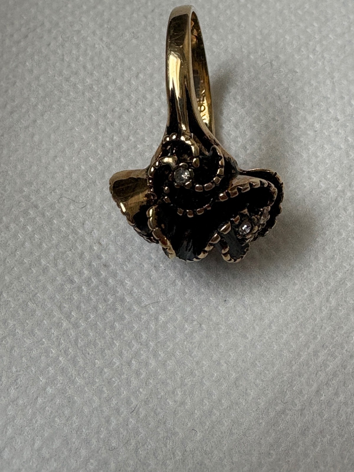 Vintage Gold-Tone Swirling Ring with Black Enamel and Clear Rhinestones, Gift-Ed