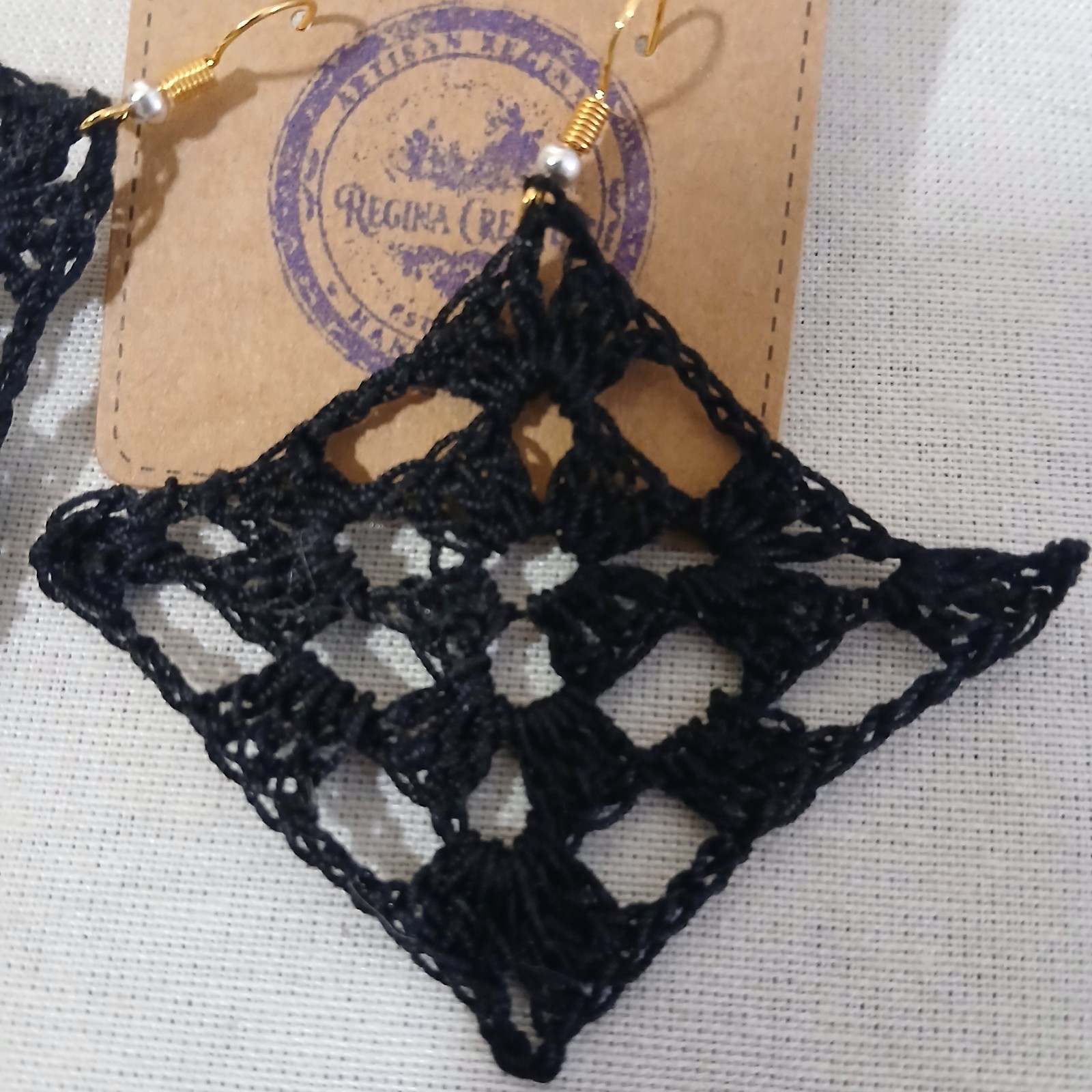 Handmade Black Crochet Lace Earrings, Geometric Dangle, Boho Statement Jewelry