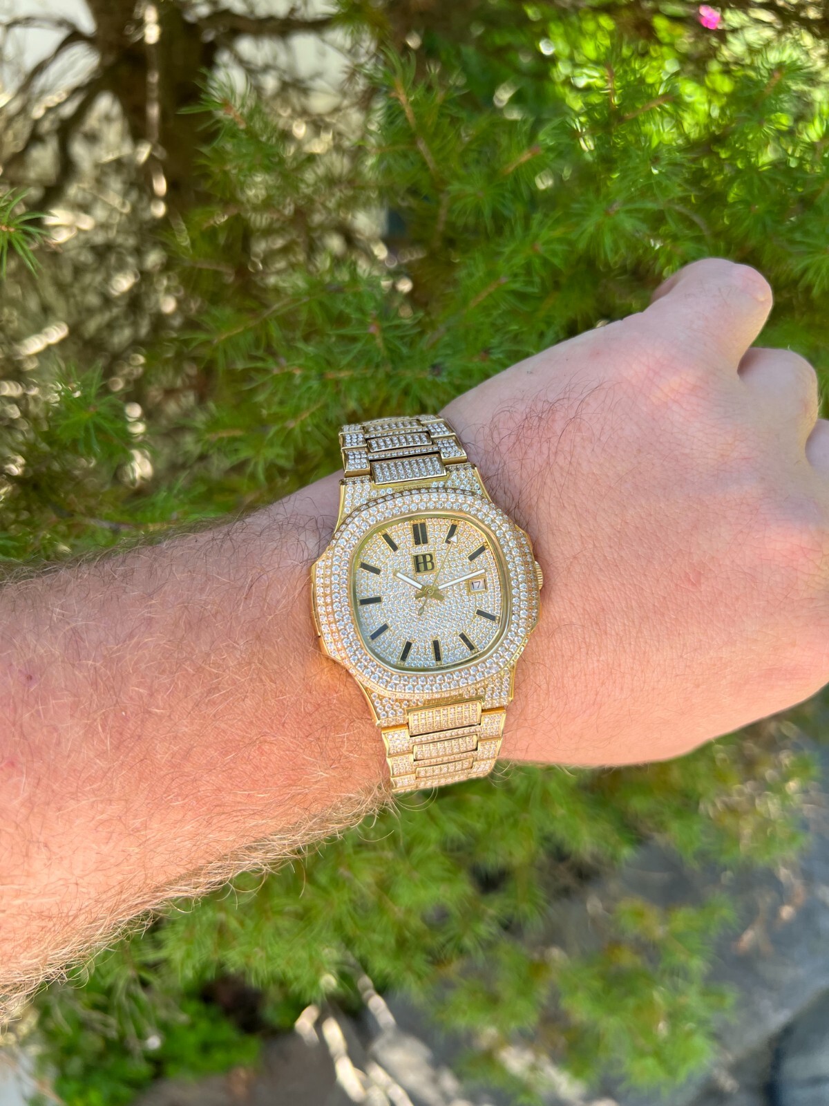 Real Mens Watch Fully Iced Gold Over Stainless Steel Bust Down Out 41mm Hip Hop