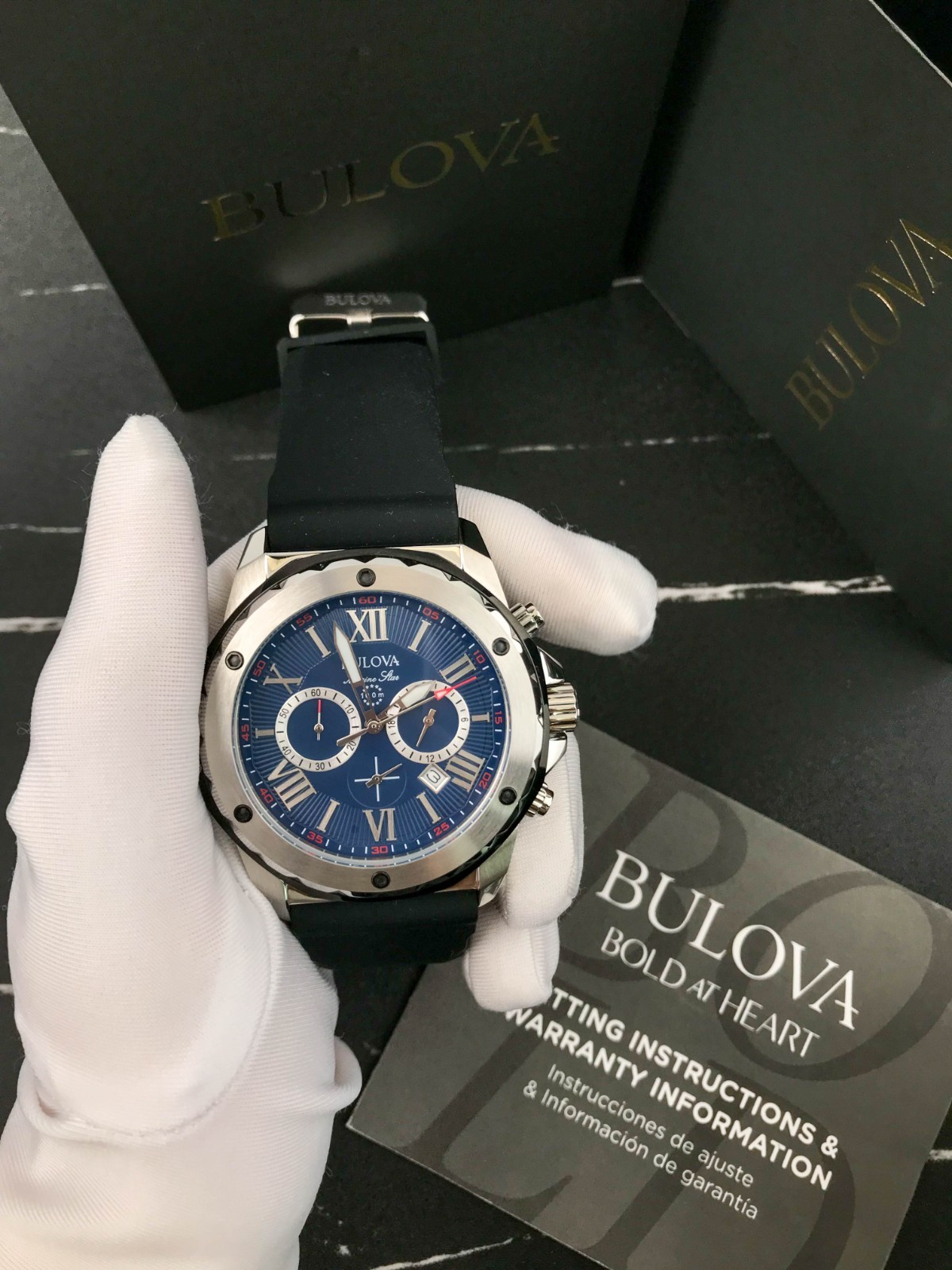 Bulova Marine Star 98B258 Blue Dial Black Silicone Strap Watch for Men 44mm