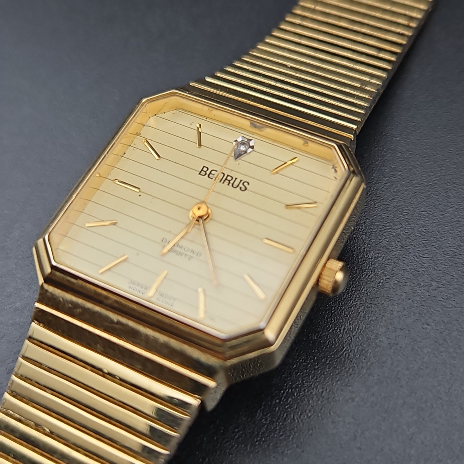 VTG Benrus Quartz Watch Men Gold Tone Diamond Square Japan Analog New Battery