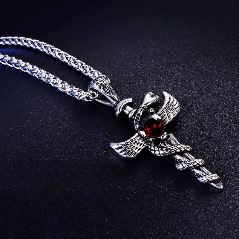 Antique 316 Stainless Sword Snake Wing Wheat Chain Red Unisex Vintage Necklace