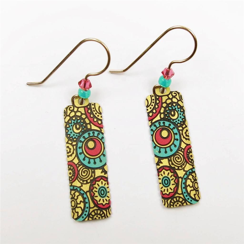 Adajio Earrings Tan Column with Circle Pattern in Turquoise & Salmon Handmade