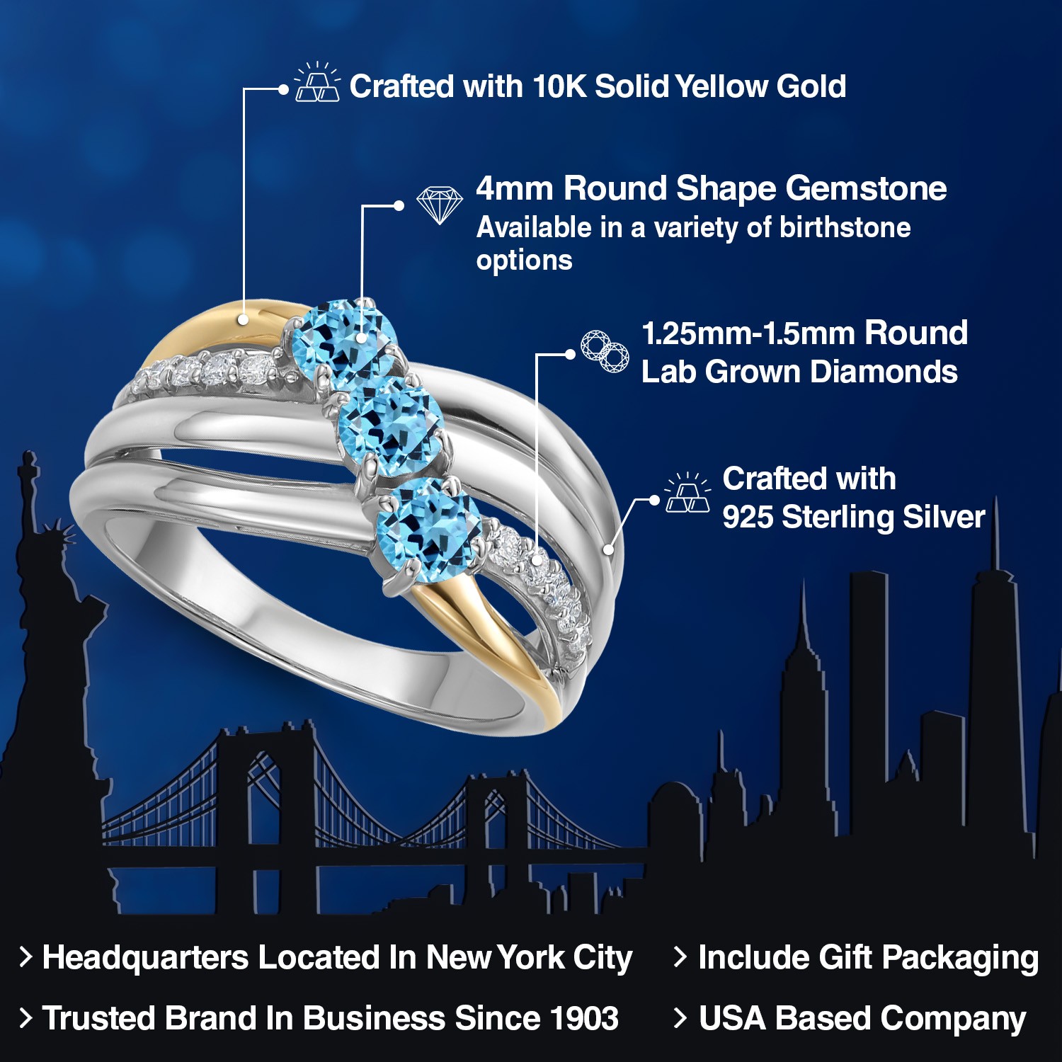 925 Silver and 10K Yellow Gold Swiss Blue Topaz and Lab Grown Diamond