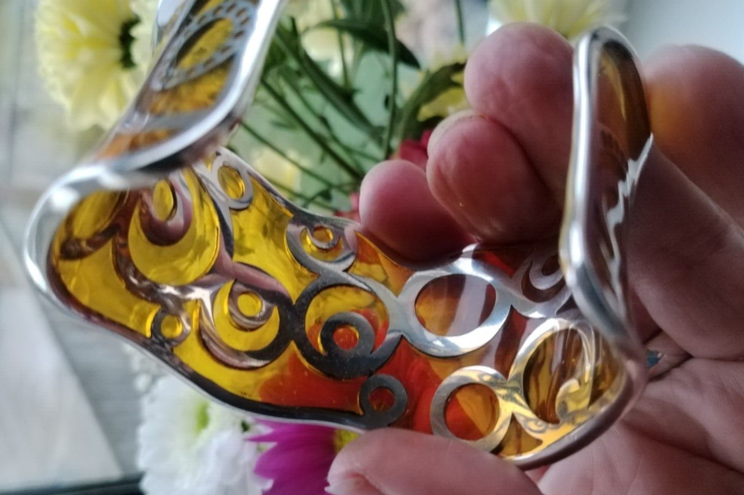 Jou Jou 925 Silver Scrolled Cuff Bracelet Inset With Yellowy Amber Resin