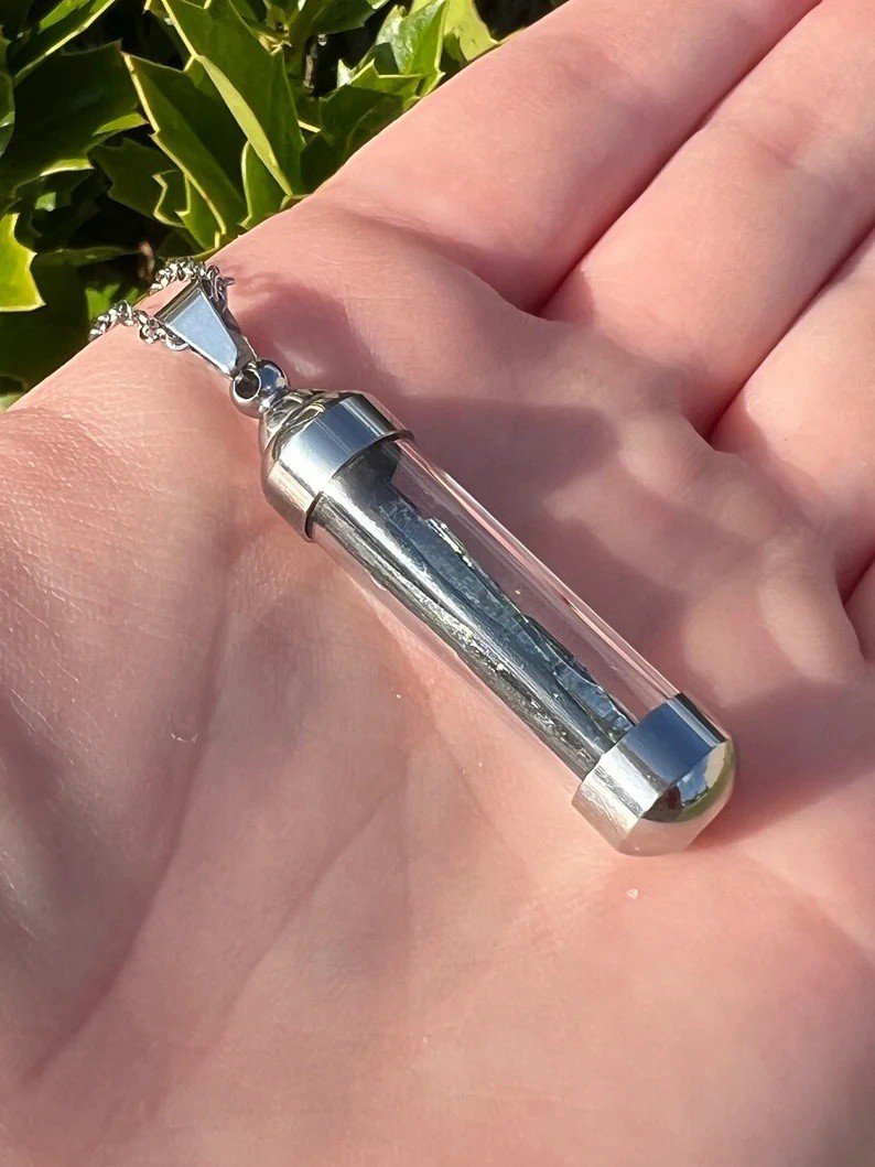 RARE Brazilian Vivianite Pendant Gemmy Blue Green Blade Vial Locket Necklace