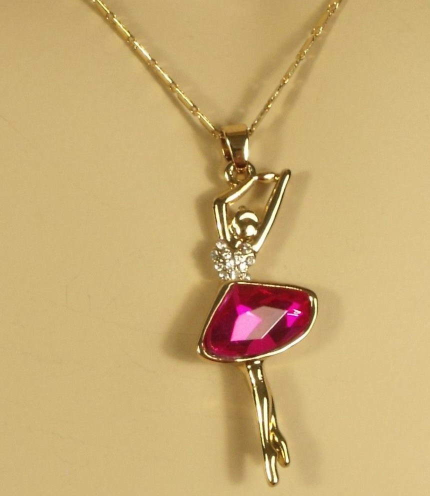 Gold Hot Pink Crystal Ballerina Ballet Dancer Pendant 15 1/2 in. Necklace 18kgp