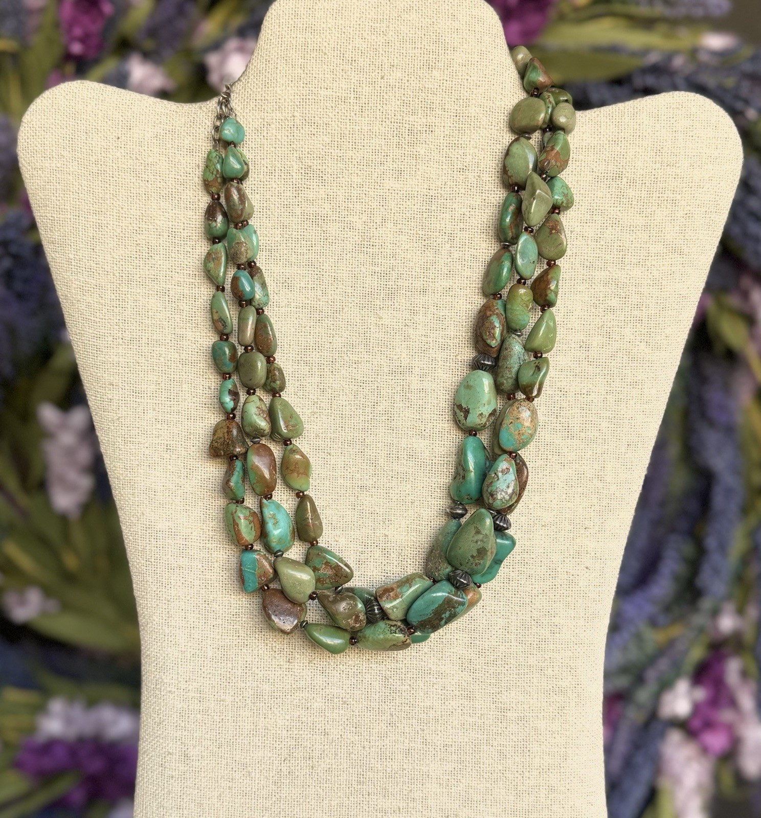 Peyote Bird 3-Strand Natural Turquoise 925 Sterling Silver Layered Necklace 114g